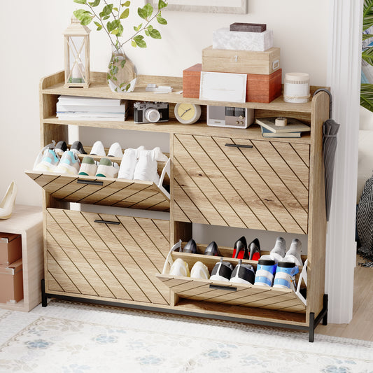 Light wood shoe cabinet with slatted doors holding sneakers and heels