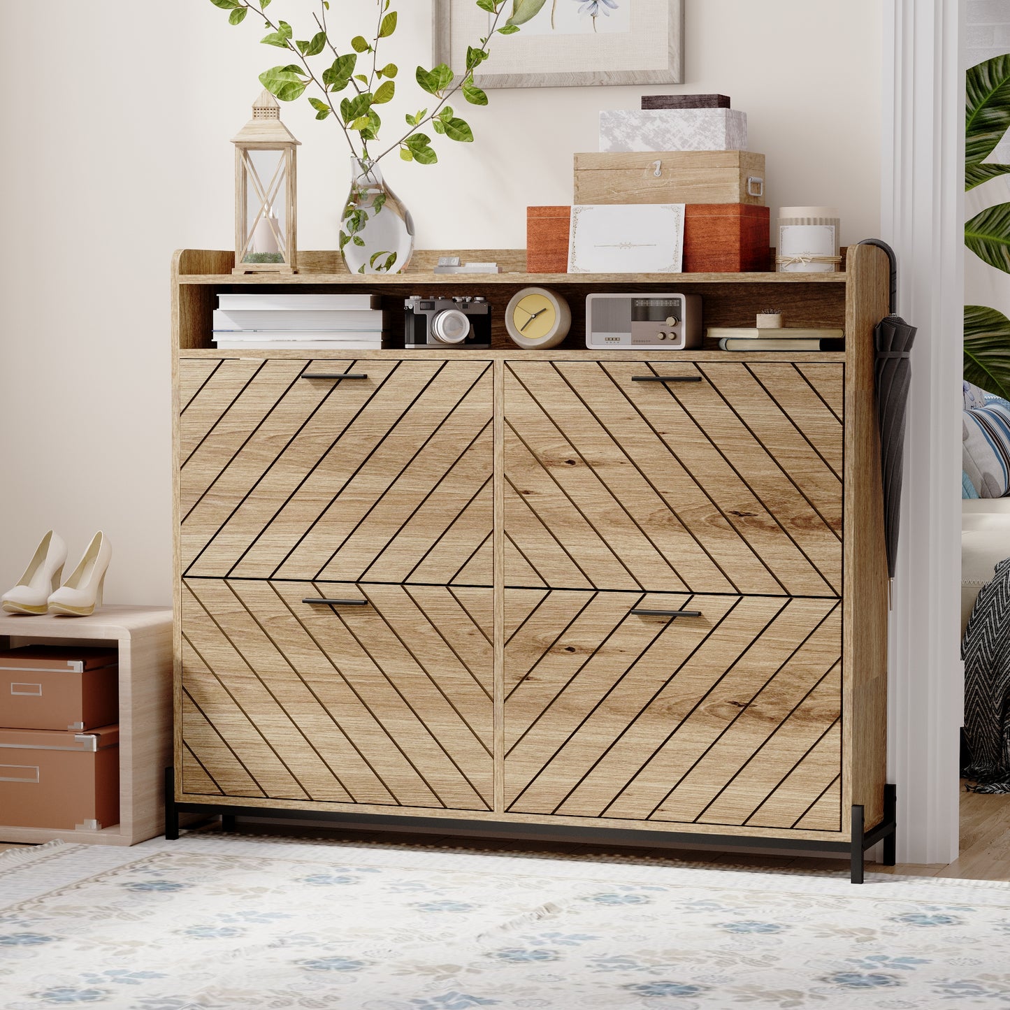 Modern wooden shoe cabinet with angled door design and black metal legs