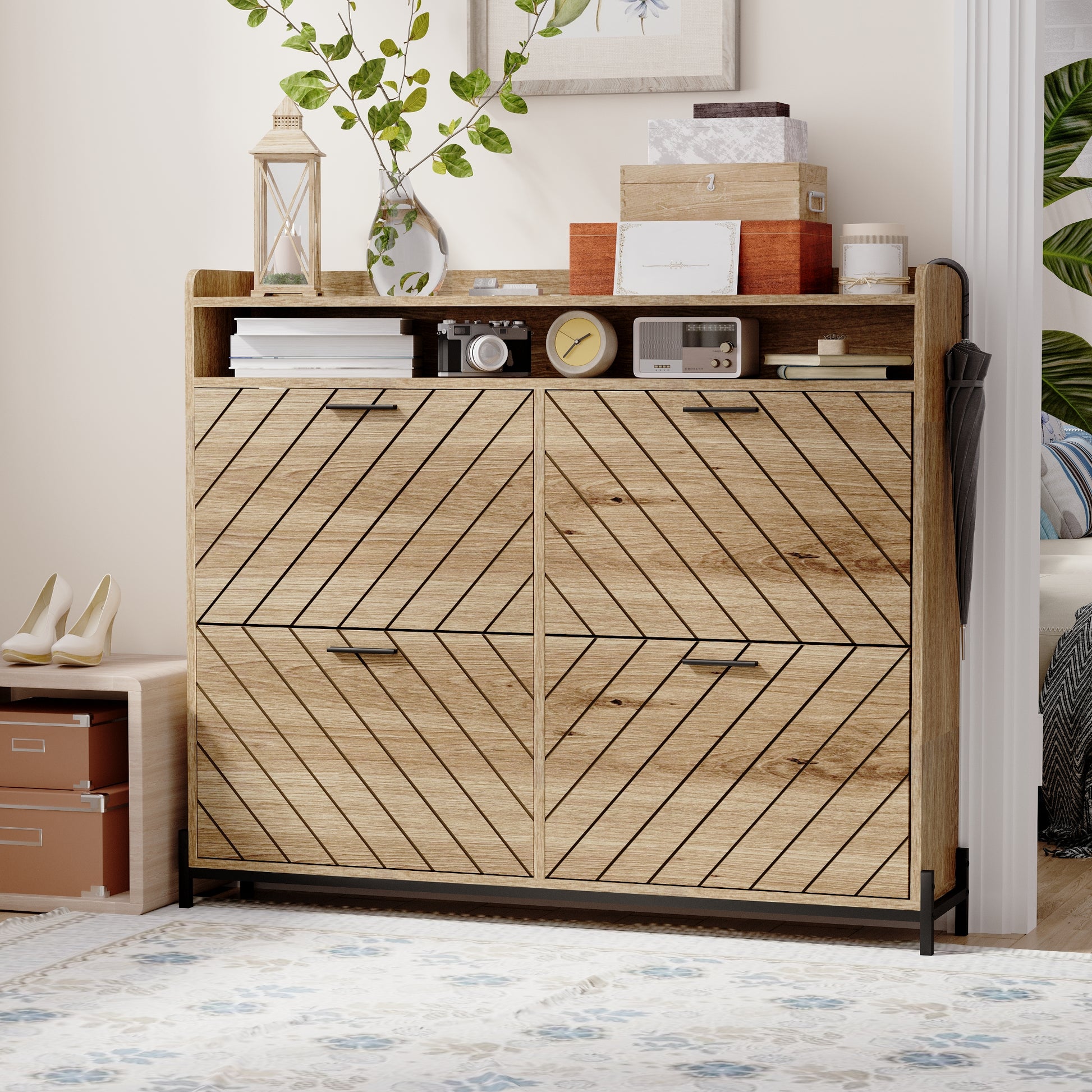 Modern wooden shoe cabinet with angled door design and black metal legs