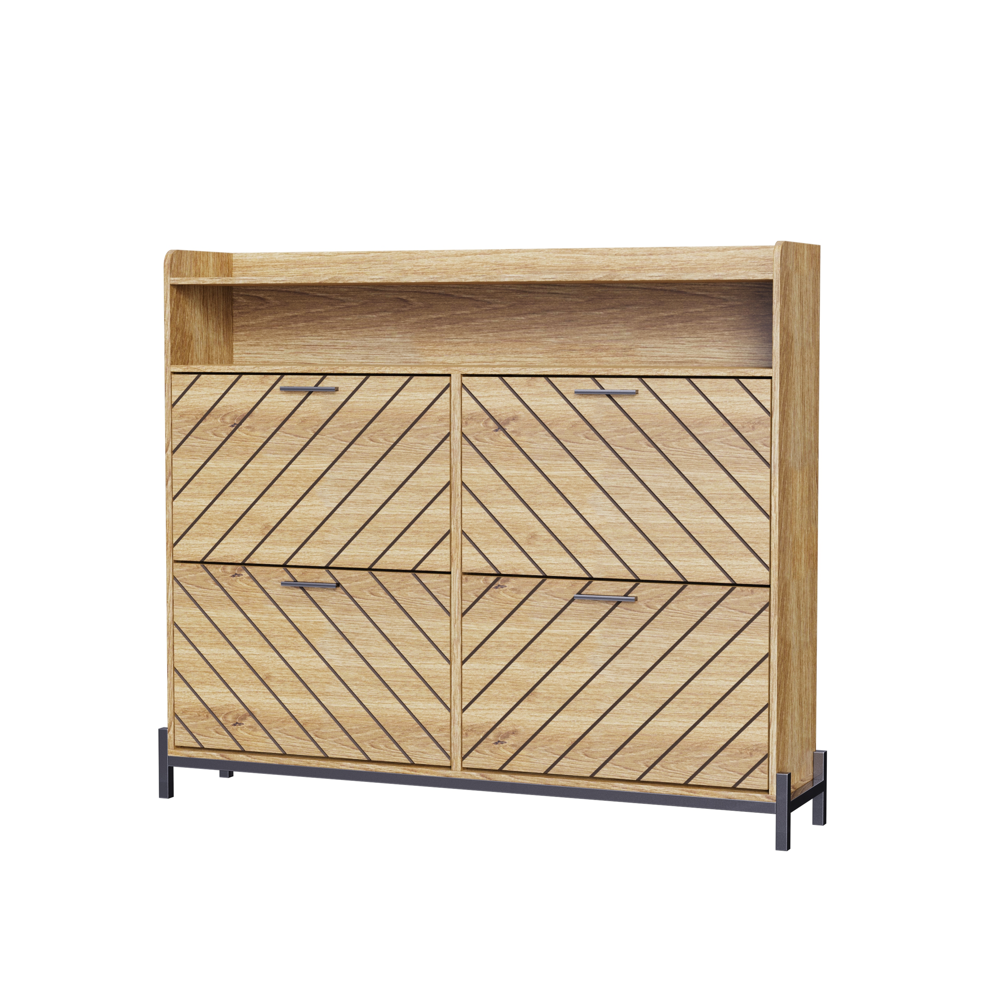 Modern wooden shoe cabinet with four angled paneled drawers and black metal legs