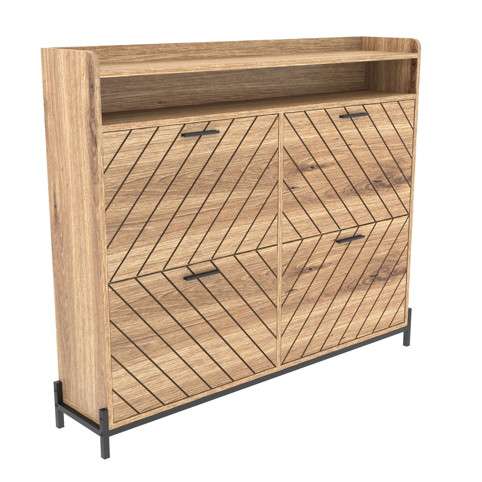 Modern wood shoe cabinet with diagonal groove pattern and black handles
