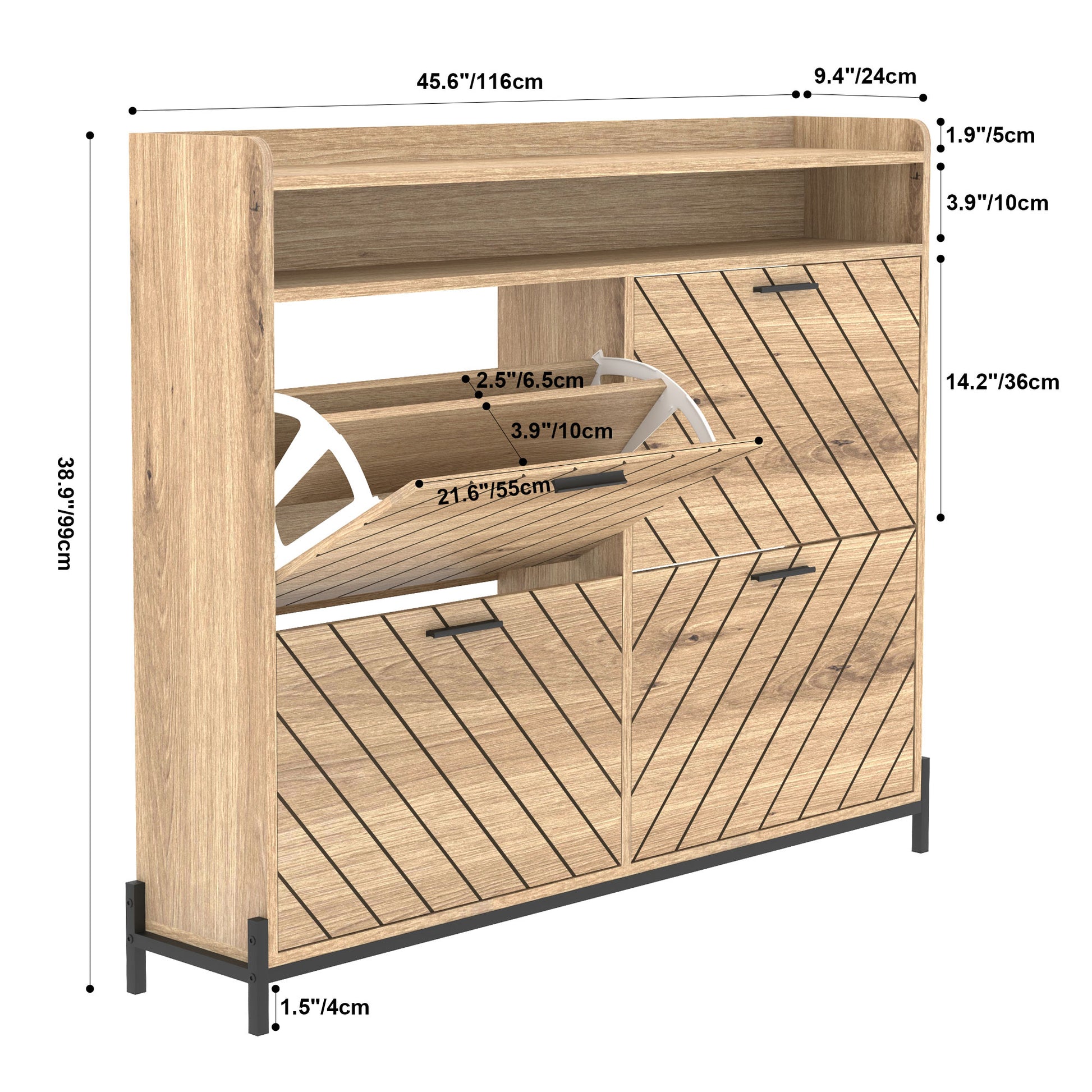 Modern oak veneer shoe cabinet with angled door fronts and metal legs