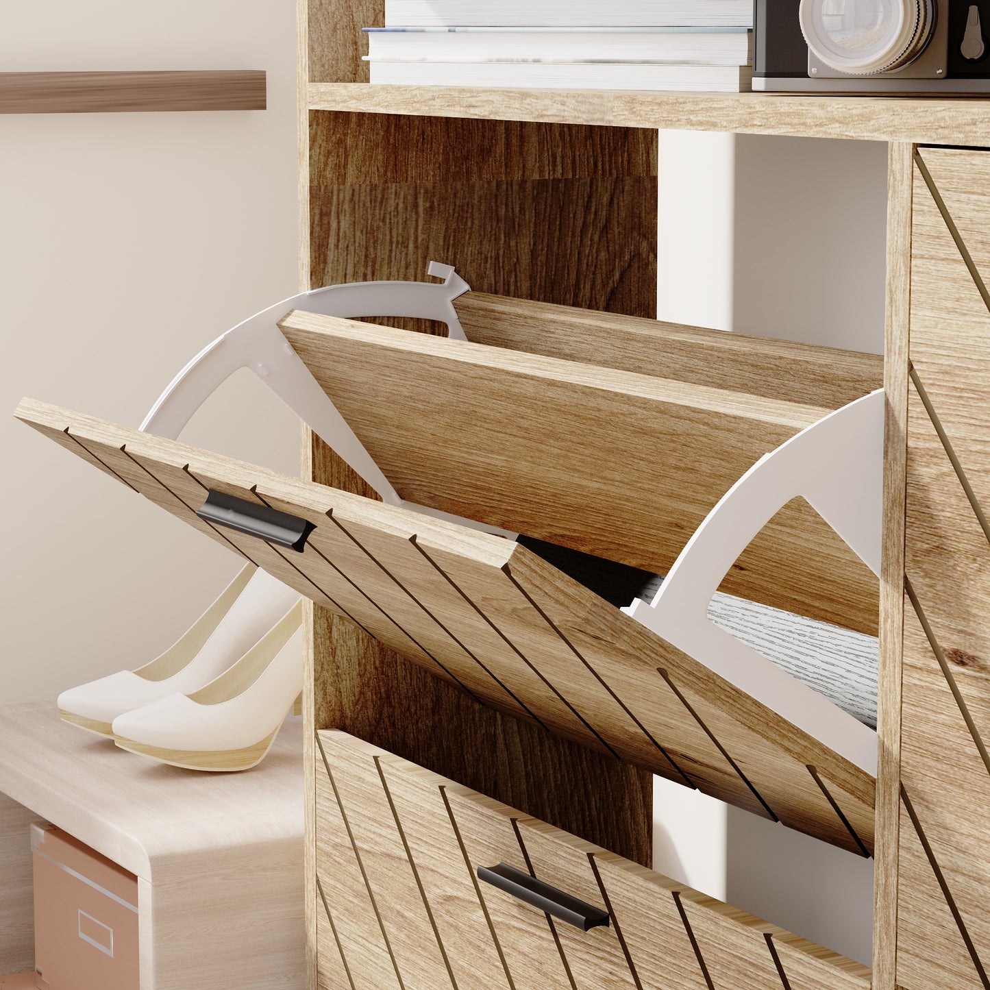 Wooden shoe cabinet with tilting drawers and white accents