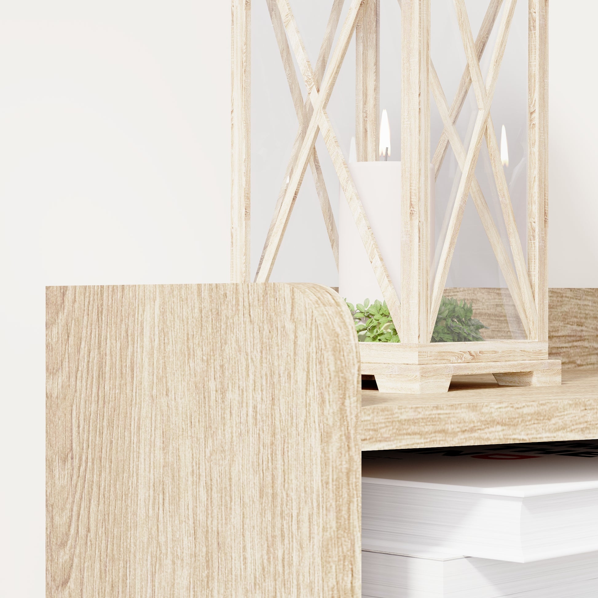 Rustic wooden lantern with candle and greenery