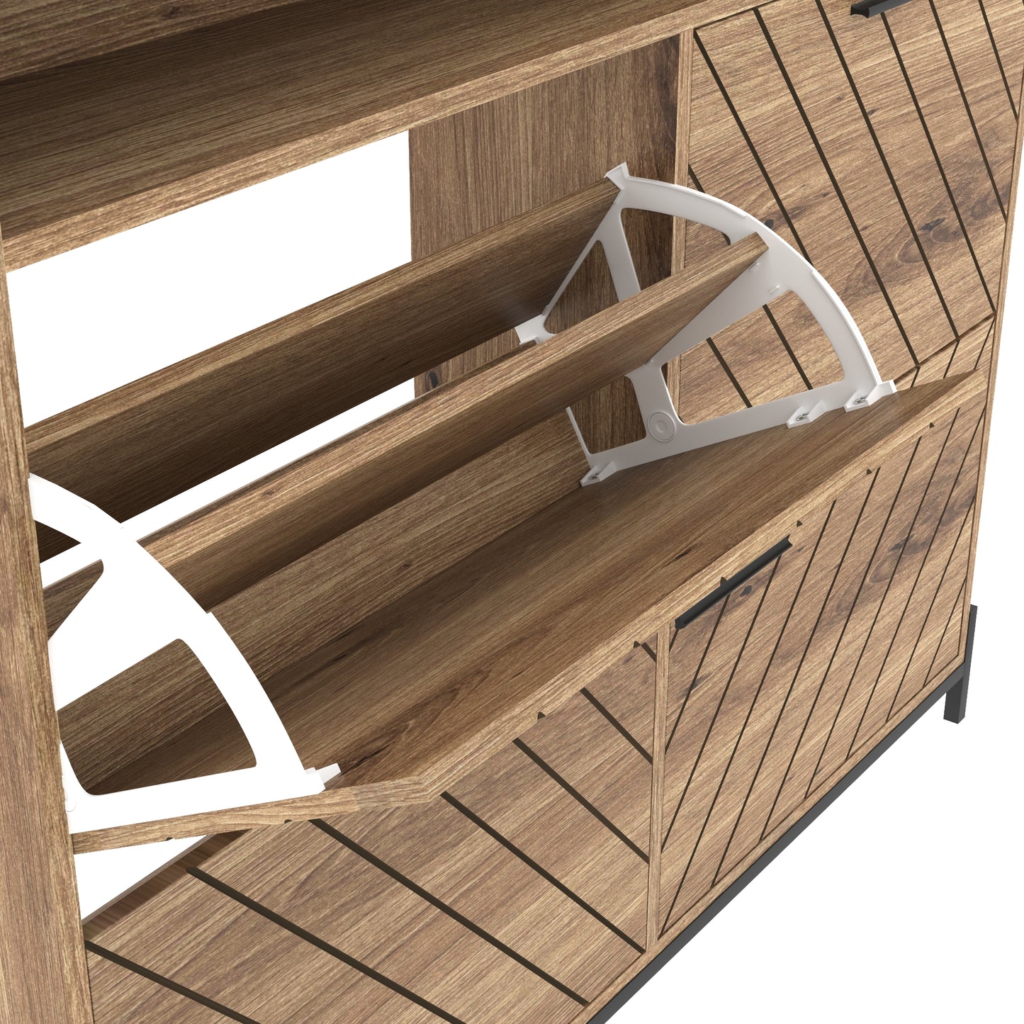Wooden shoe cabinet with tiltout shelves and diagonal slat detail