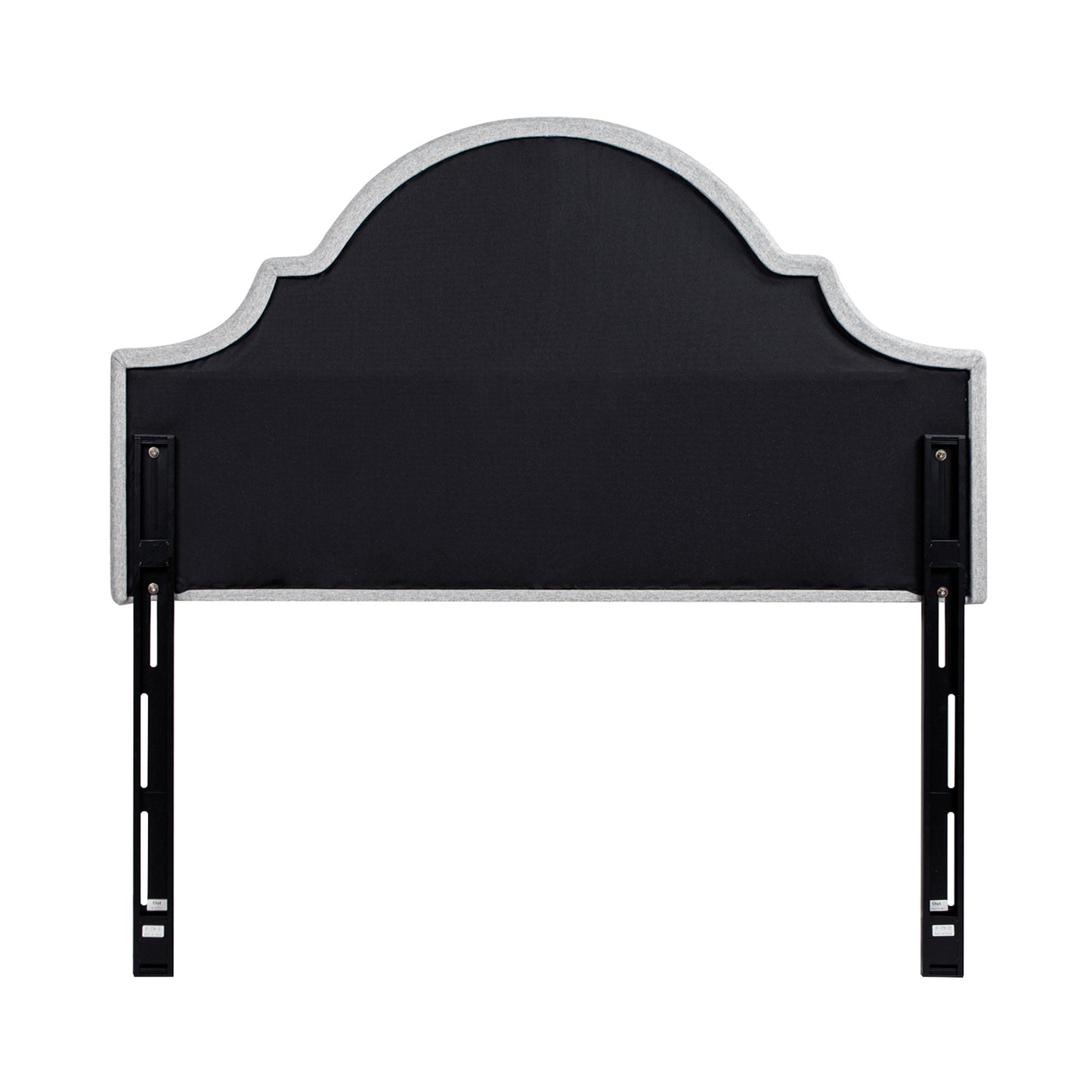 Black fabric headboard with grey trim and adjustable metal legs