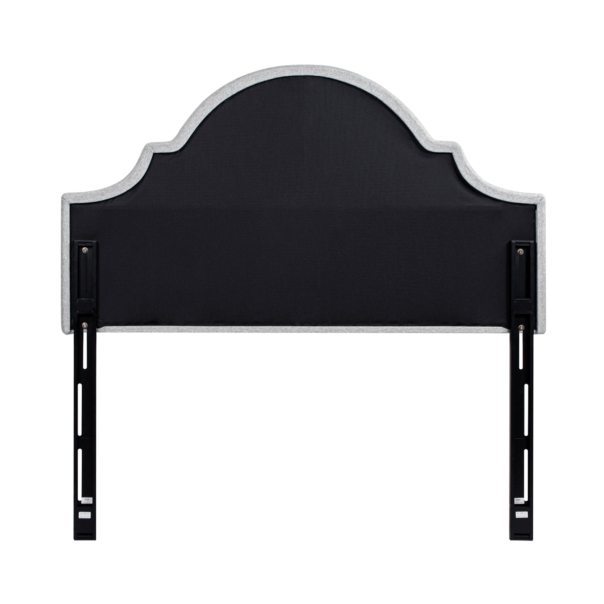 Black fabric headboard with grey trim and adjustable metal legs