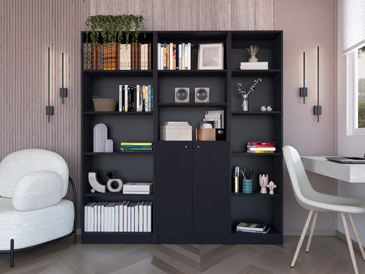 Dark gray modular bookshelf filled with books decor and a storage cabinet