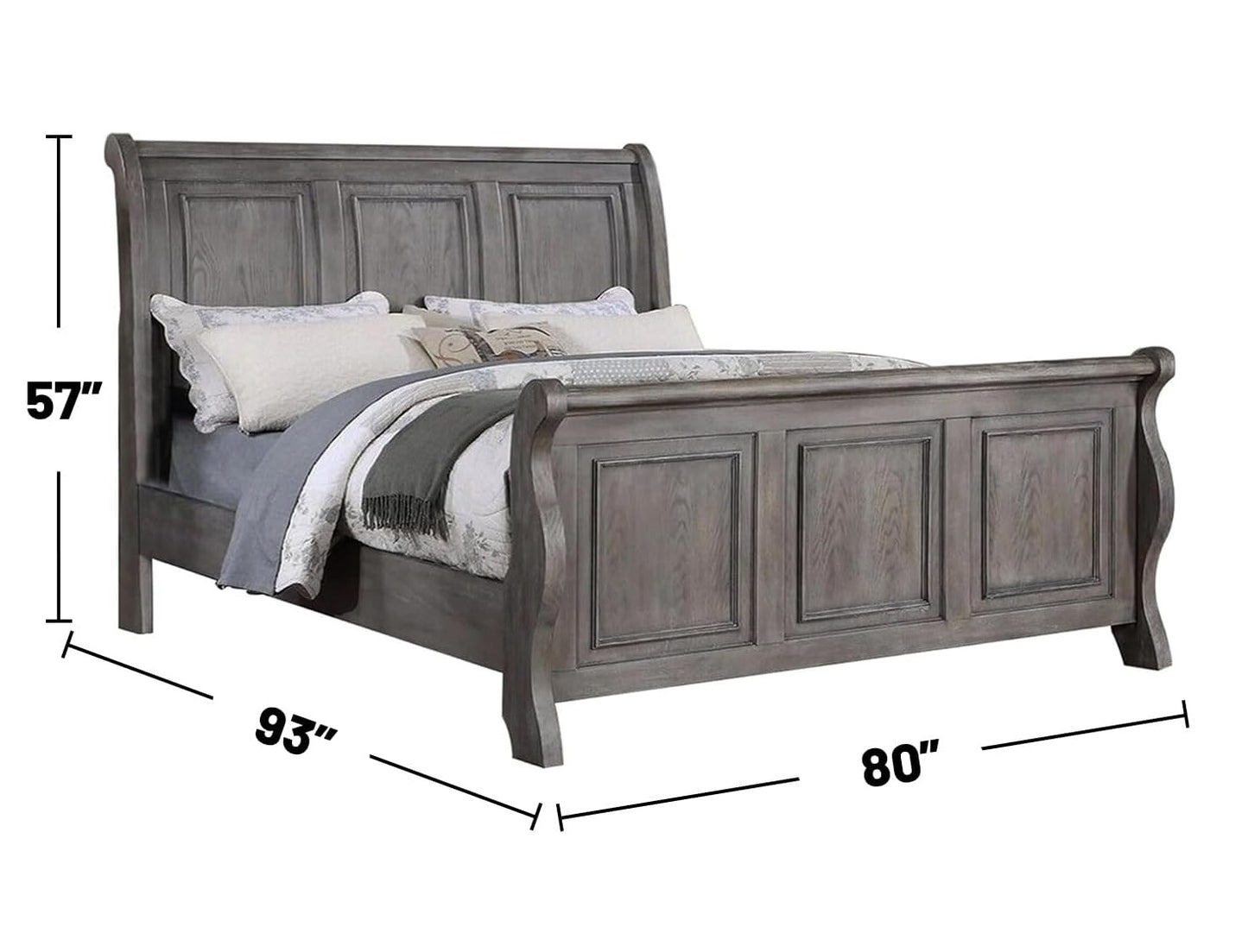 Grey wooden sleigh bed frame with paneled headboard and footboard