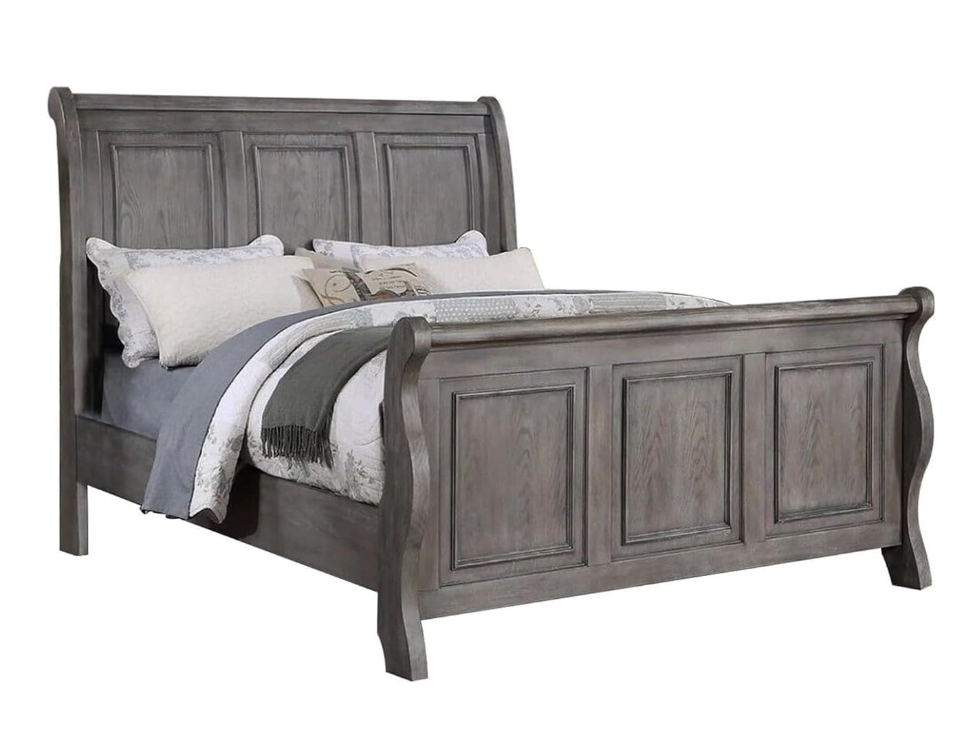 Gray wooden sleigh bed with paneled headboard and footboard
