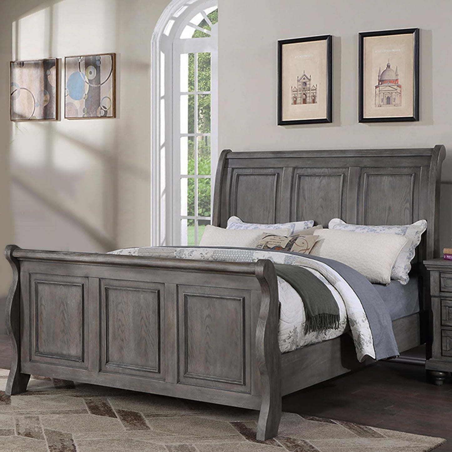 Gray wooden sleigh bed frame with paneled headboard and footboard