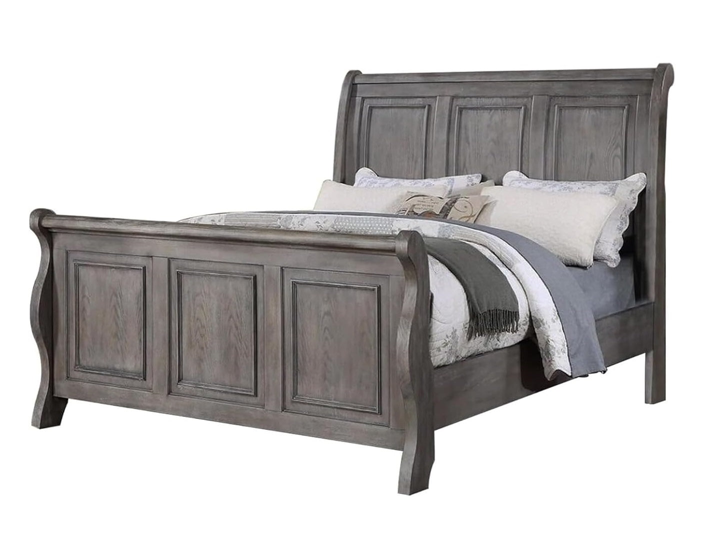 Gray wooden sleigh bed with paneled headboard and footboard
