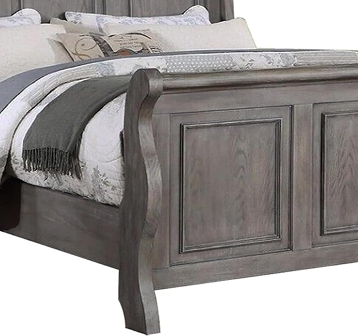 Gray wooden sleigh bed frame with paneled headboard and footboard elegant design