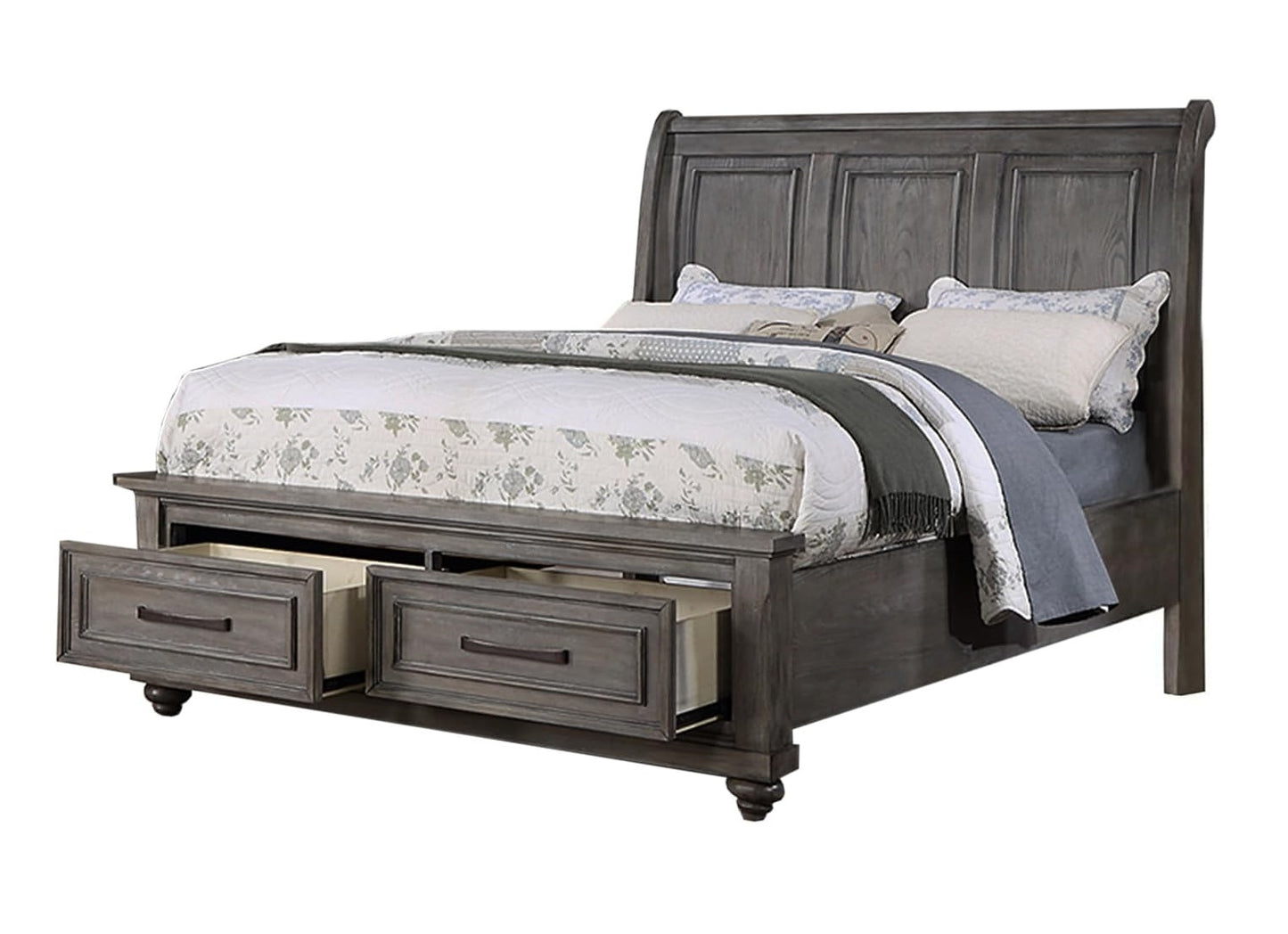 Dark grey wood sleigh bed with two underbed storage drawers and upholstered headboard