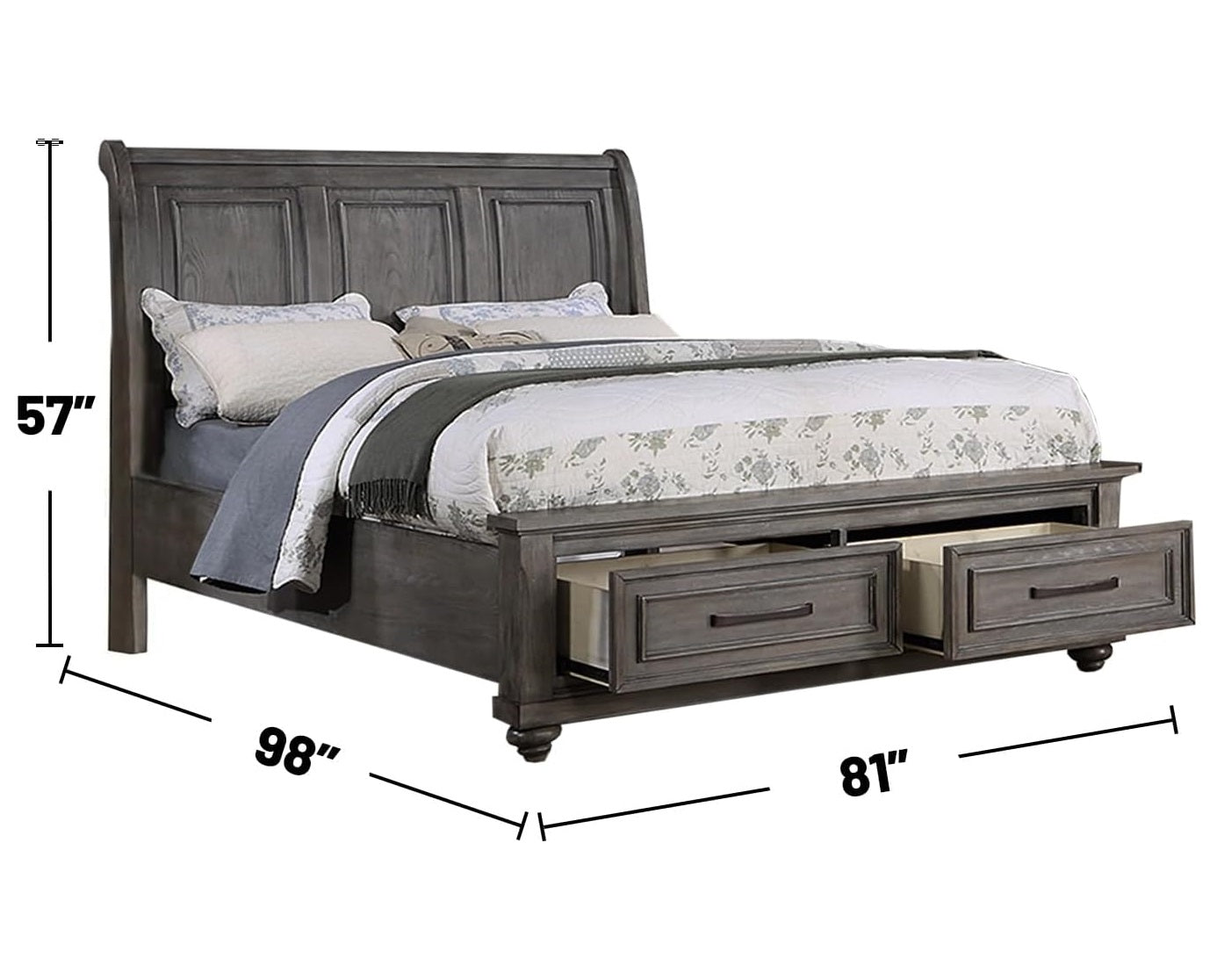 Grey wooden sleigh bed with panel headboard and two storage drawers