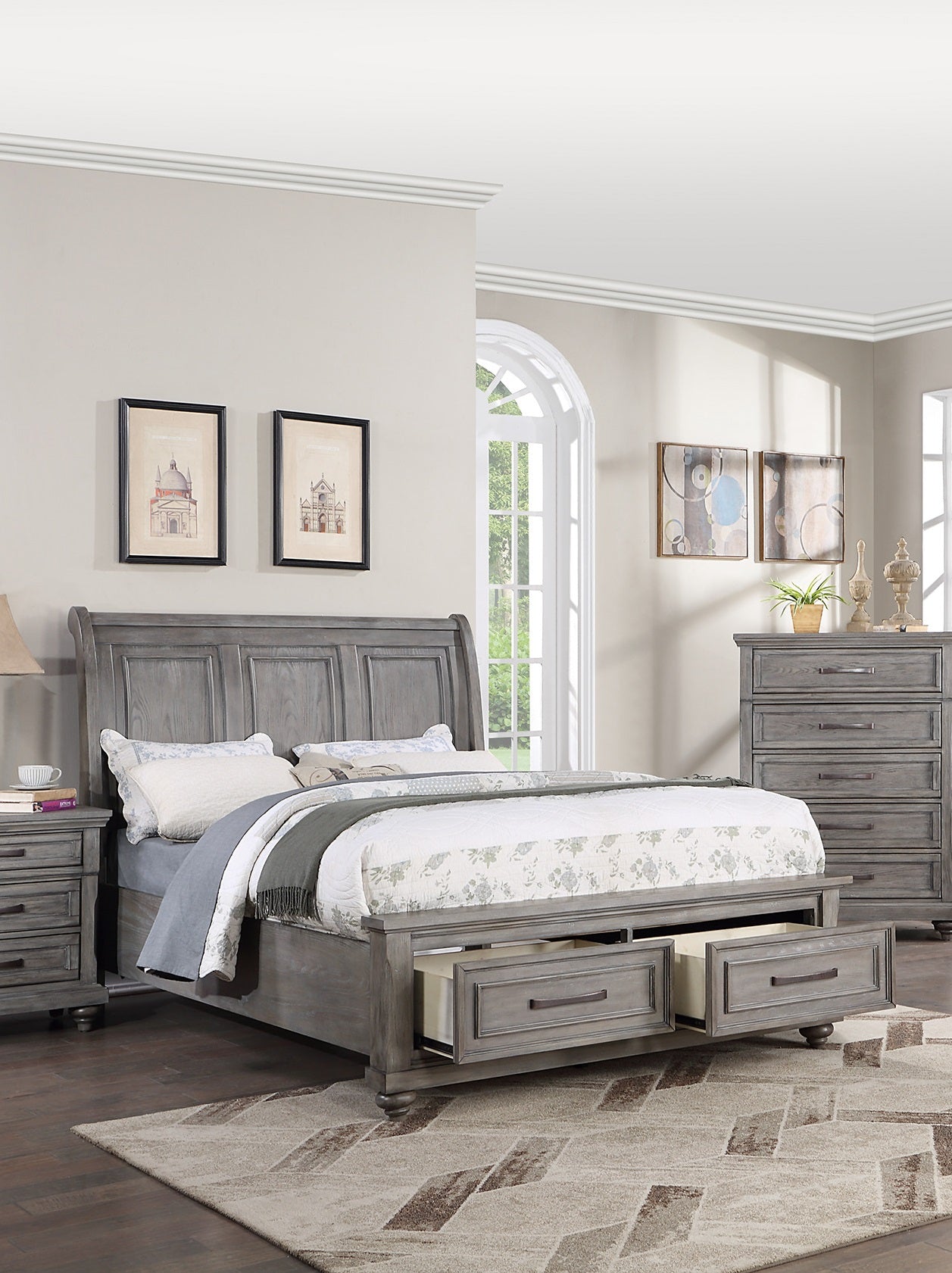 Grey wooden sleigh bed with storage drawers offering a rustic charm to any bedroom