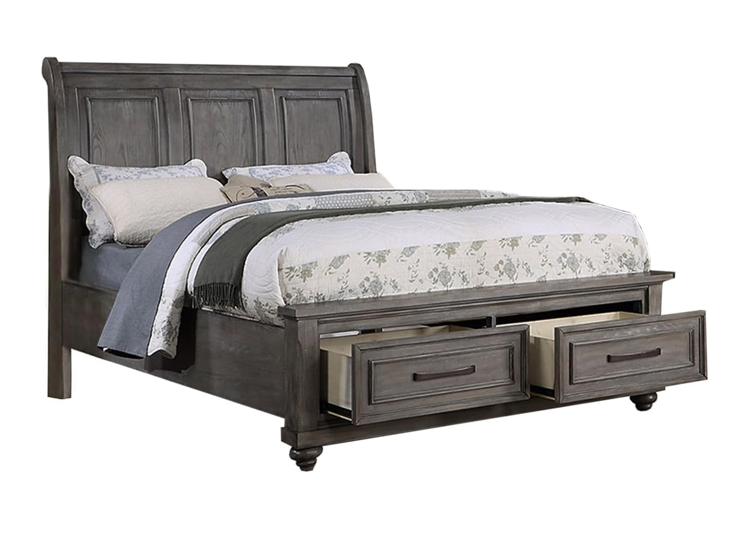 Rustic gray wooden queen bed frame with storage drawers and elegant headboard