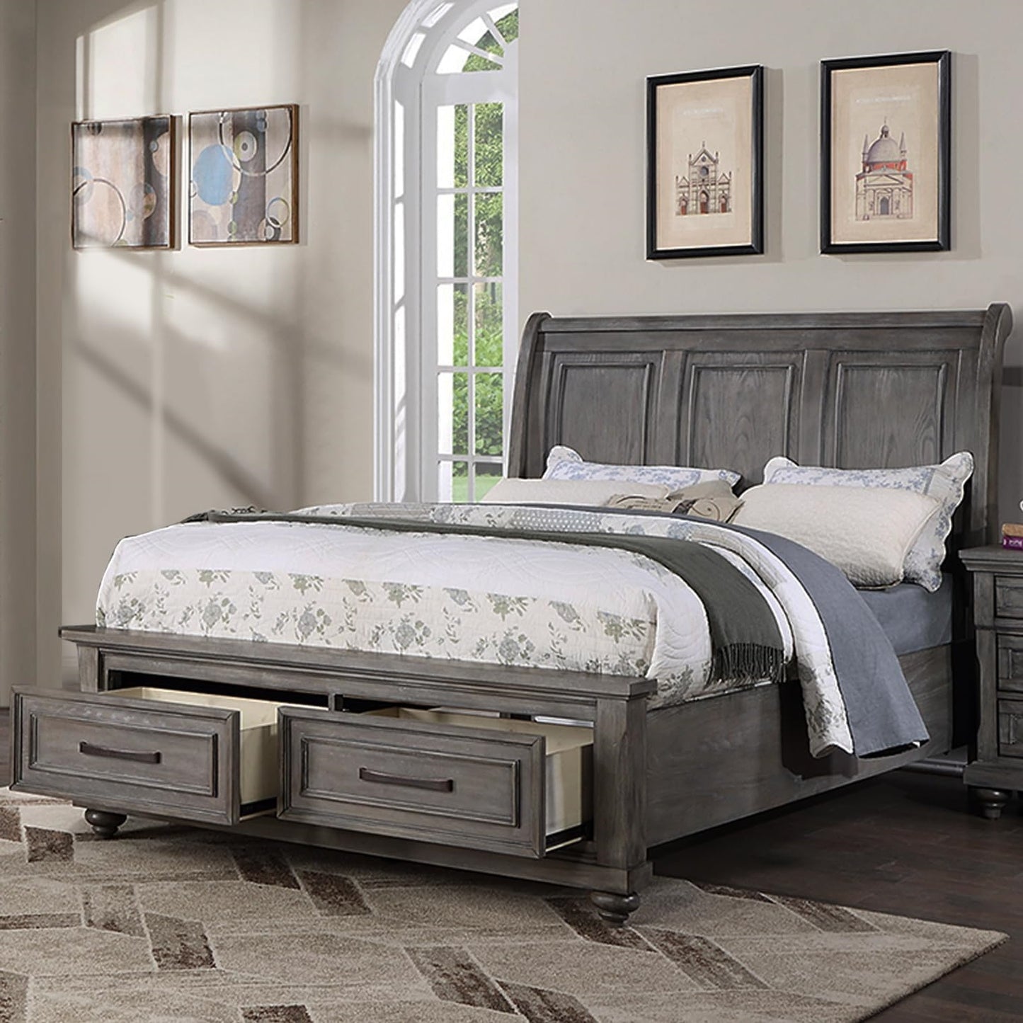 Gray wooden sleigh bed with two underbed storage drawers queen size