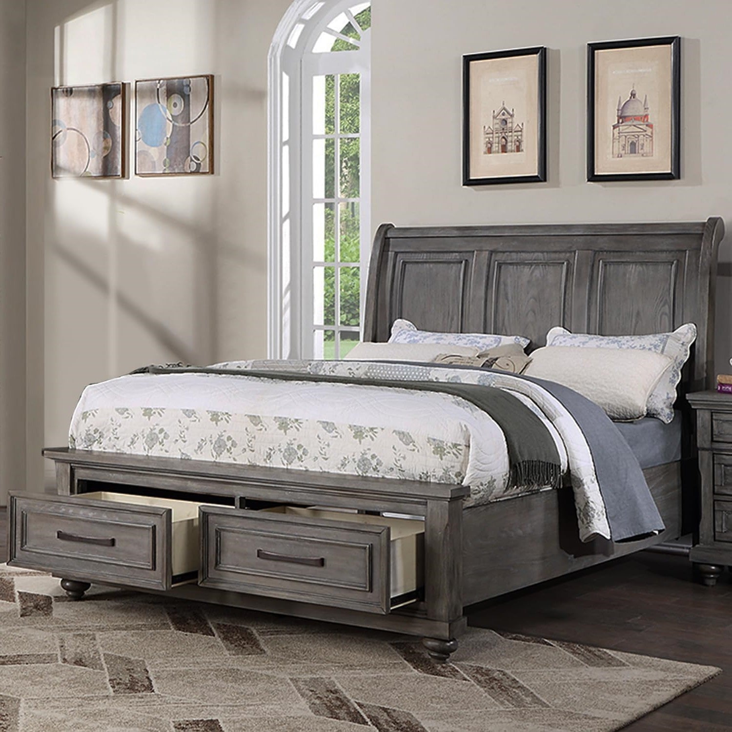 Gray wooden sleigh bed with two underbed storage drawers queen size
