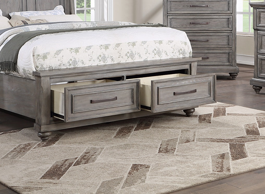 Gray wooden bed frame with two open storage drawers