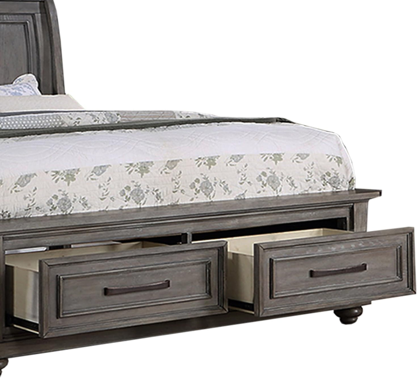 Gray wooden king bed frame with open storage drawers and floral bedding