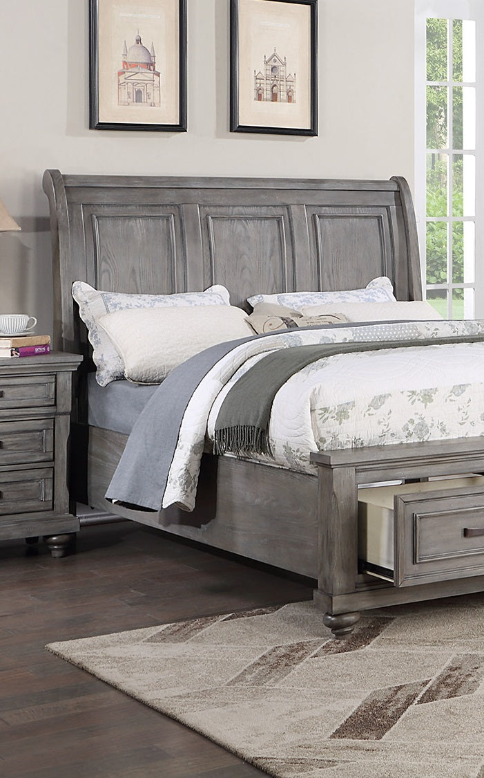 Gray wooden sleigh bed with paneled headboard and storage drawers king size