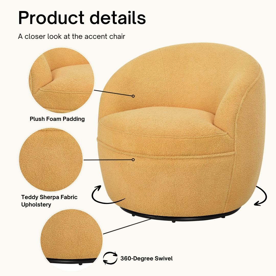 Yellow teddy sherpa accent chair with plush foam padding and degree swivel base