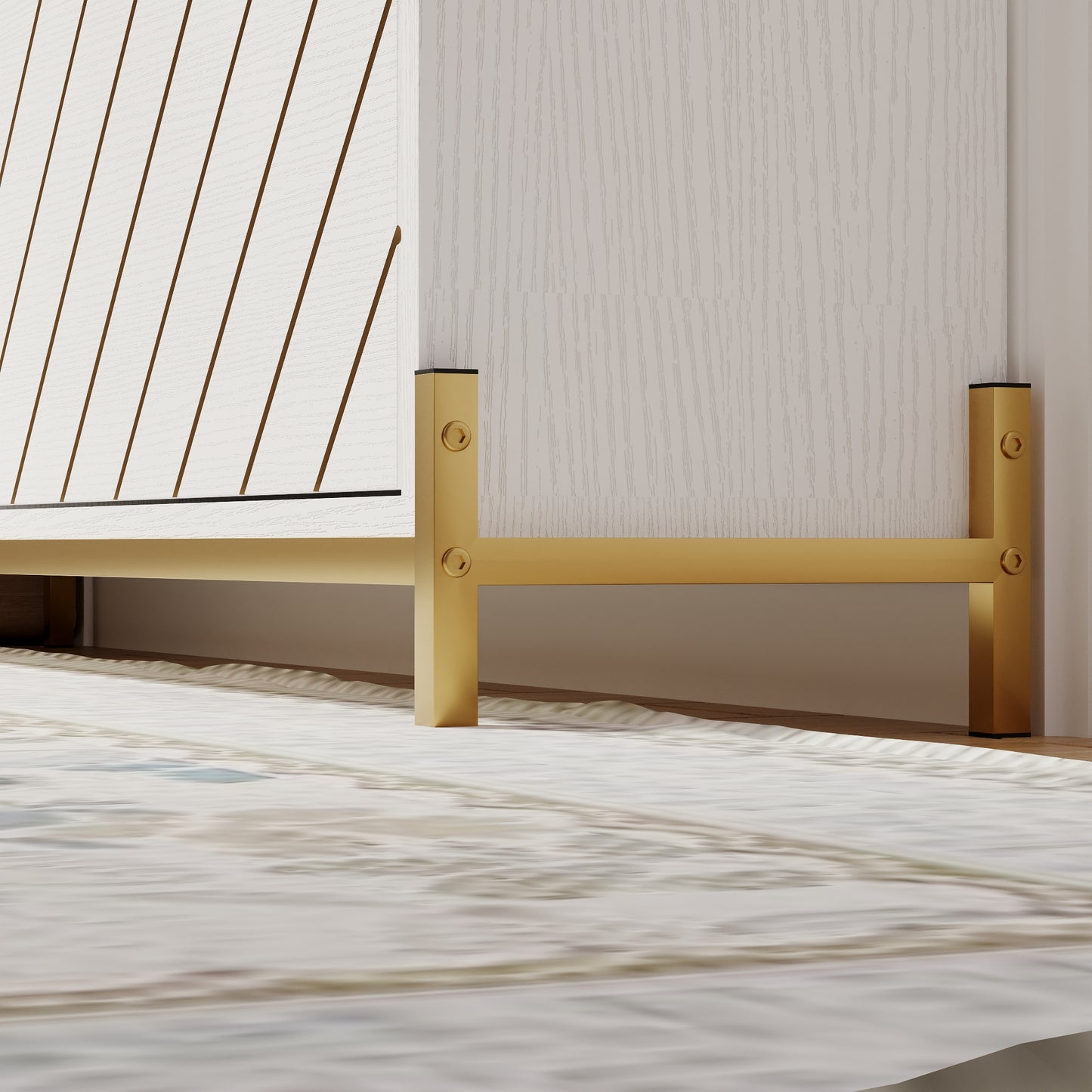 White and wood paneled accent cabinet with brass legs