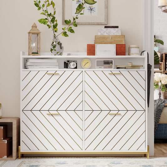 White storage cabinet with diagonal woodgrain pattern and gold hardware