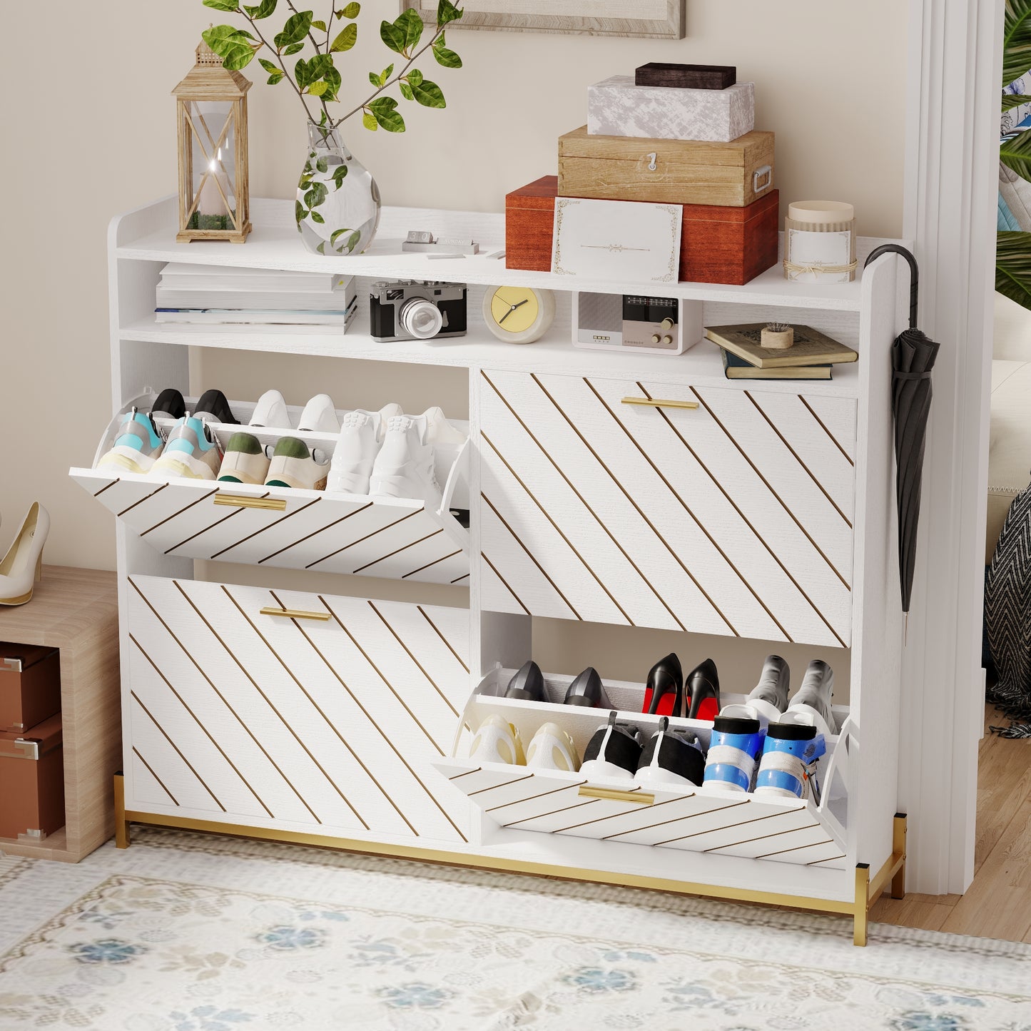 White entryway shoe cabinet with slanted gold accents and rotating shoe shelves