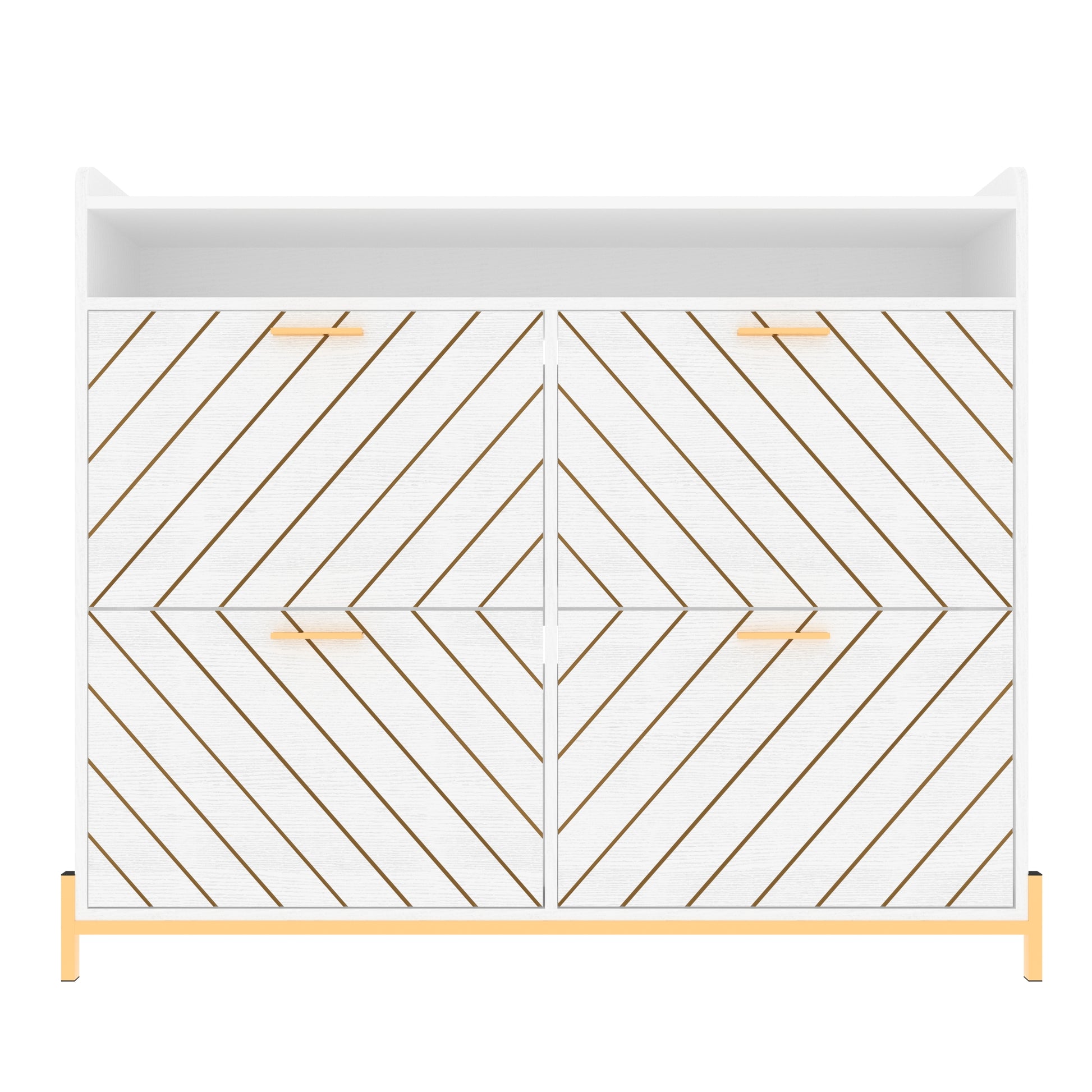White cabinet with four drawers featuring gold handles and angled brown stripe pattern