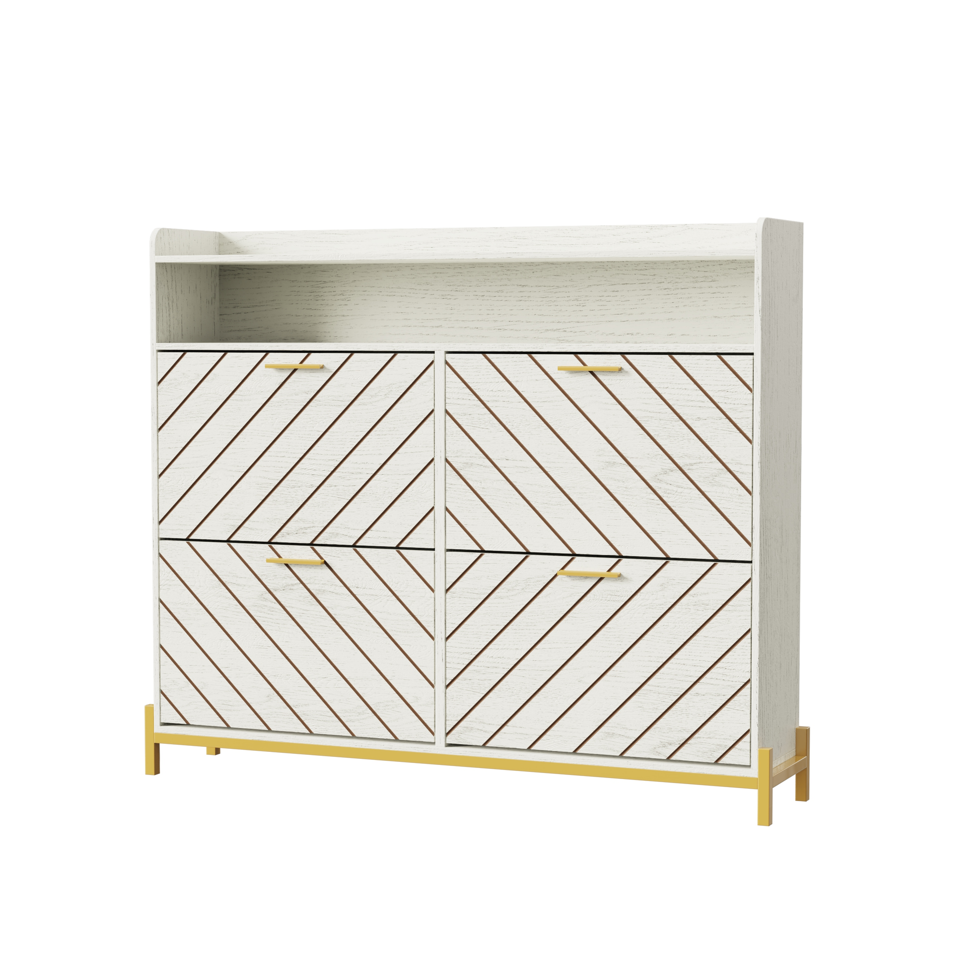 White shoe cabinet with angled wood paneling and gold hardware