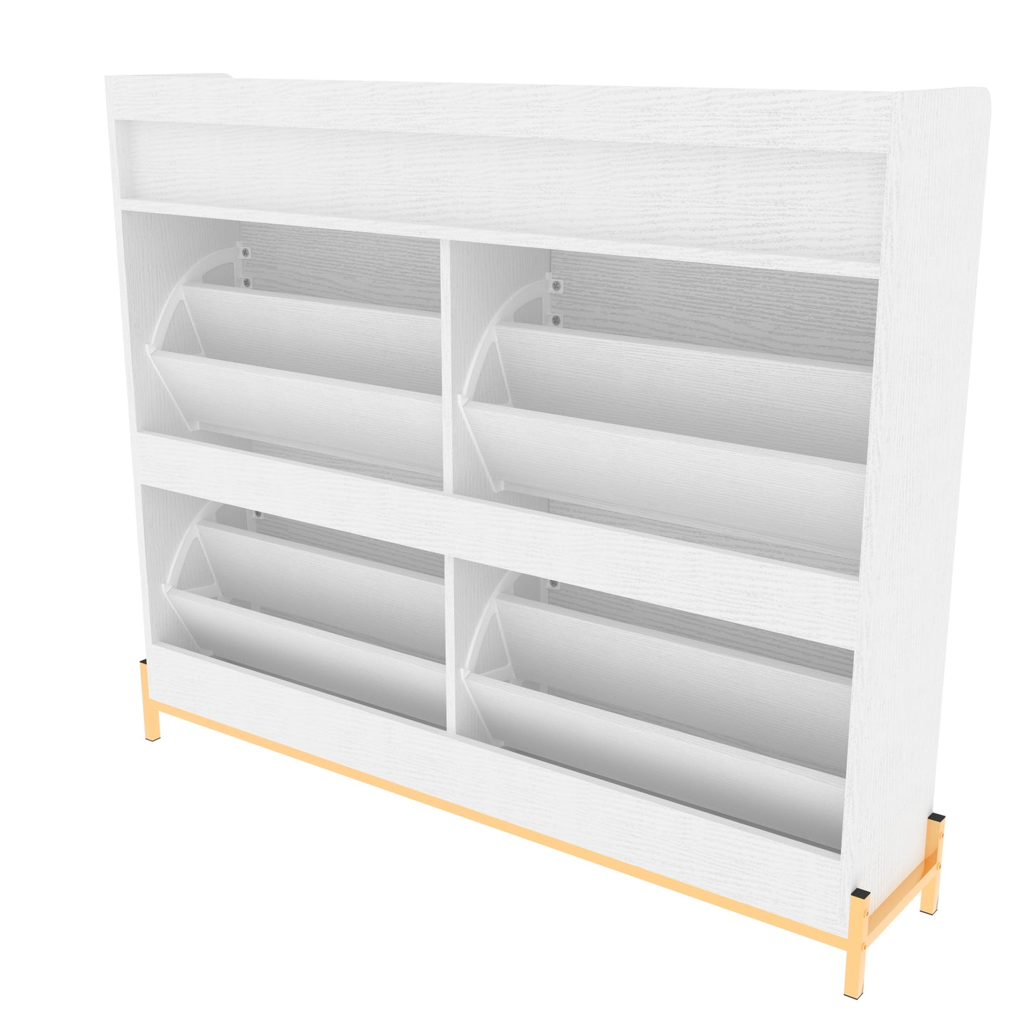 White modern shoe cabinet with four pulldown compartments and gold legs
