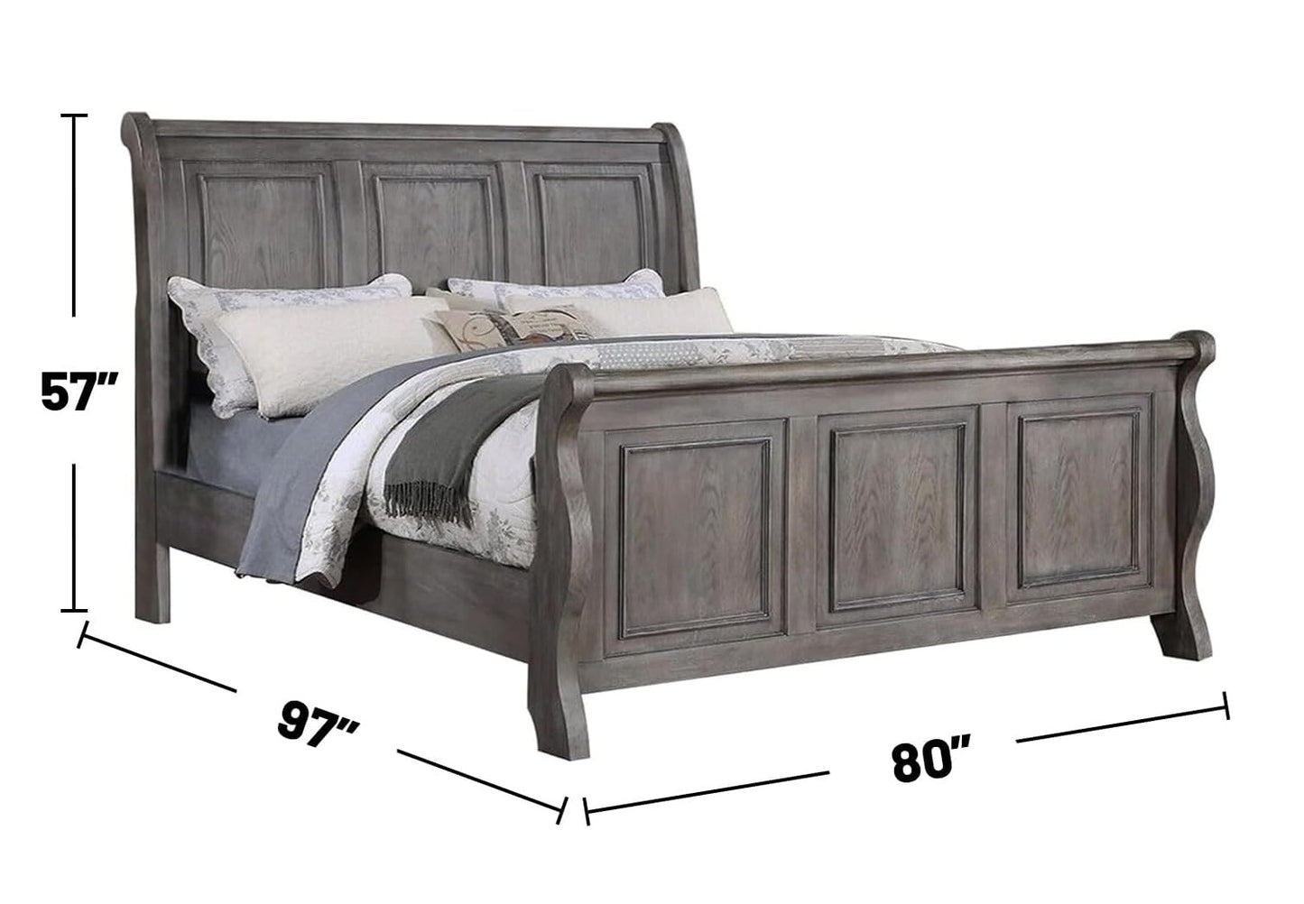 Gray wooden sleigh bed with paneled headboard and footboard queen size