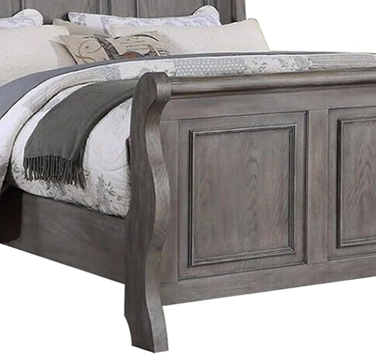 Weathered gray sleigh bed frame with paneled headboard and footboard