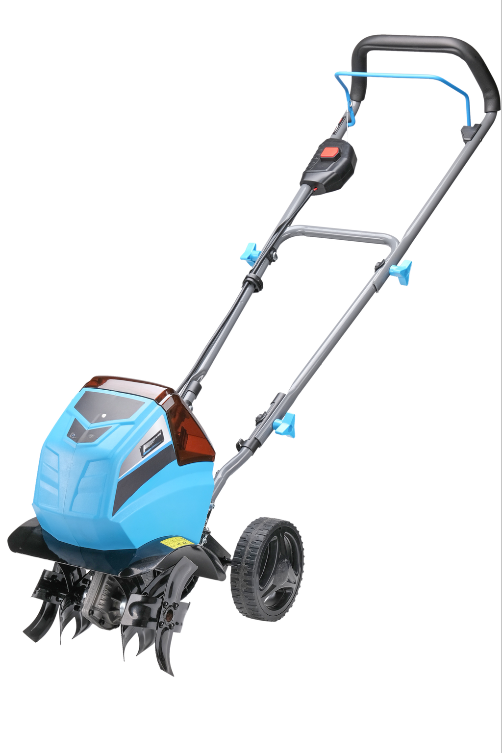 Blue electric tiller with powerful tines for efficient garden tilling