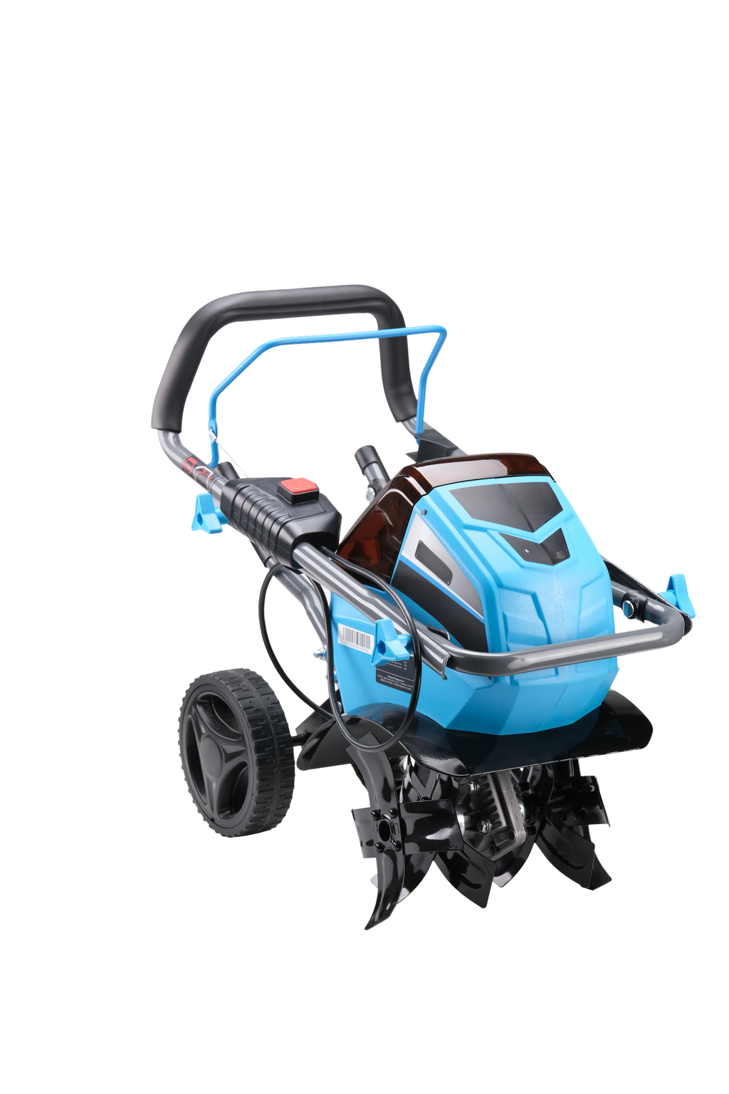 Blue and black electric tiller with metal tines for garden soil cultivation