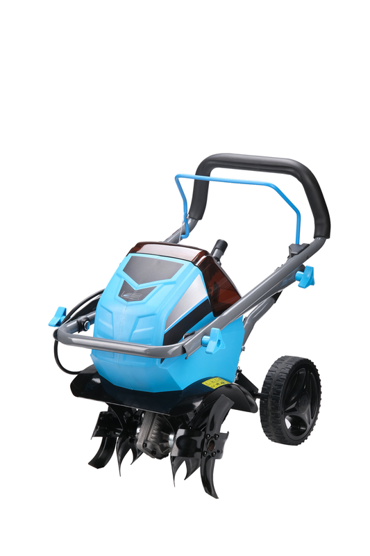 Blue and gray electric tiller with rotating tines and large rear wheel for garden tilling