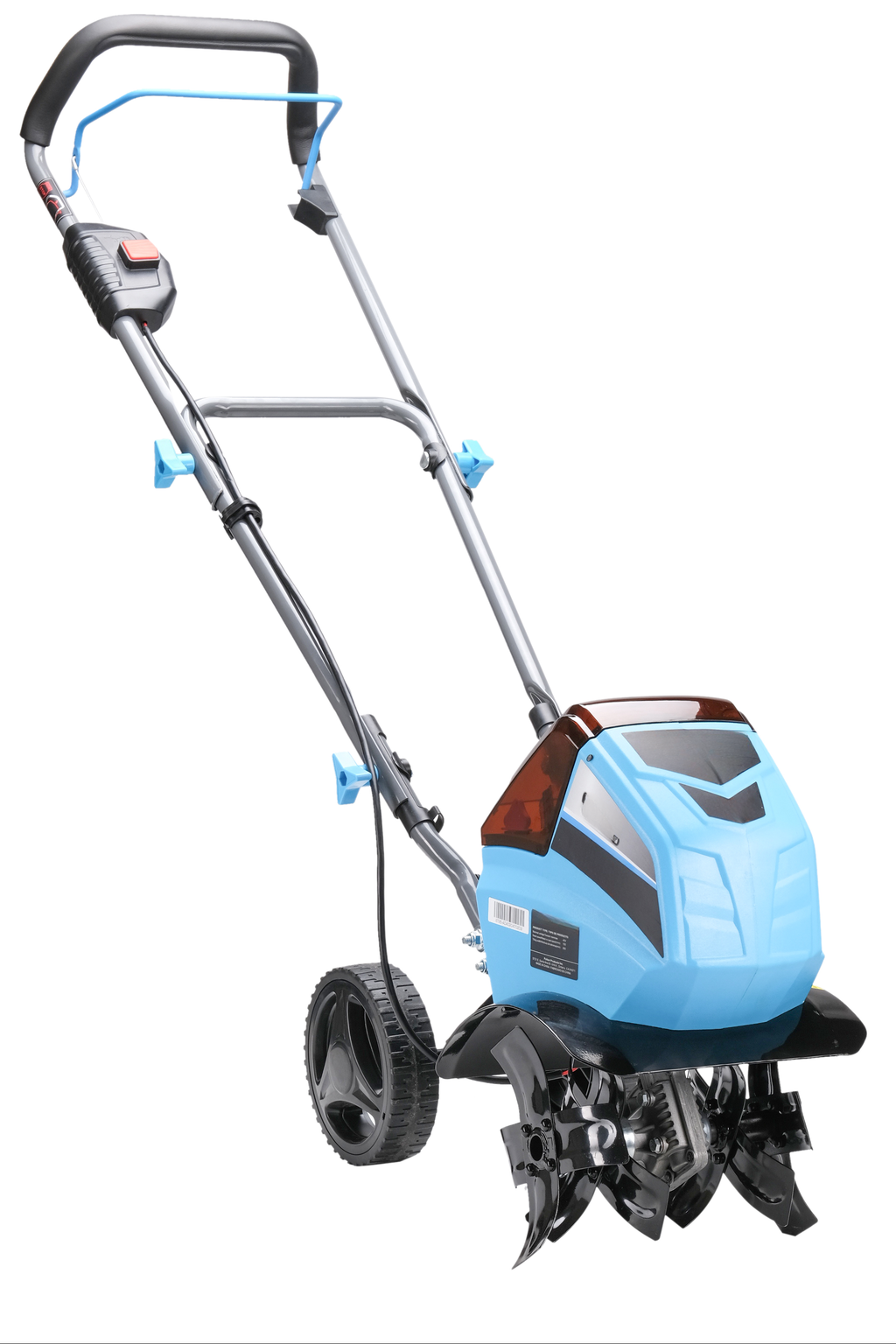 Blue electric tiller with steel handles and rotating tines for garden cultivation