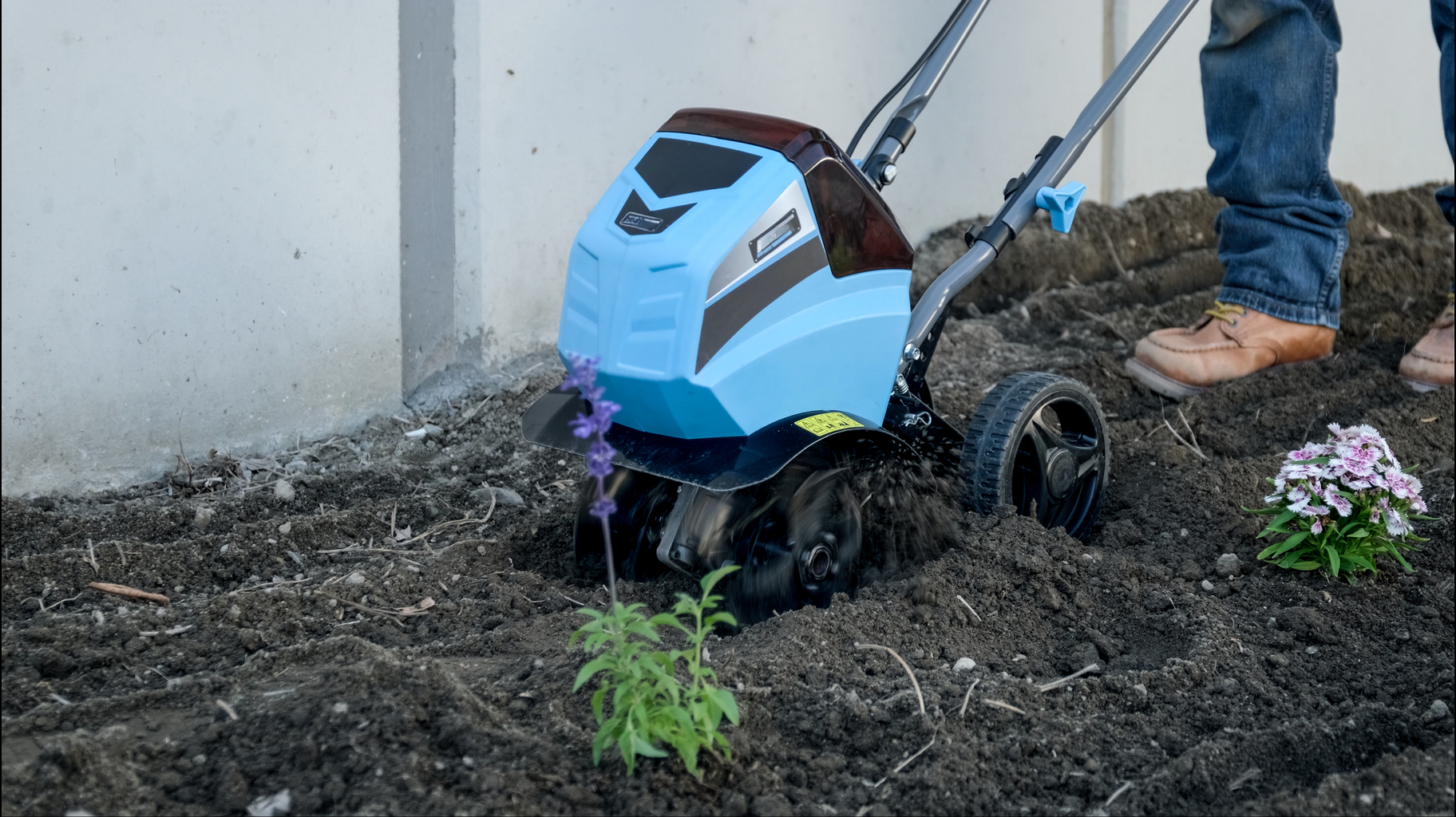 Blue electric tiller with rotating blades turning soil for garden bed preparation