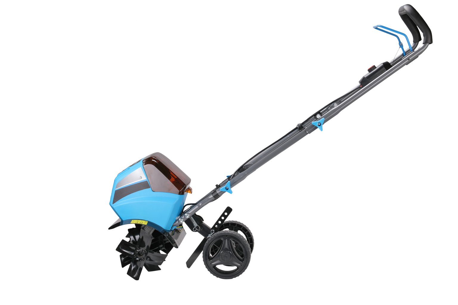 Compact blue garden tiller with powerful rotating blades for easy soil cultivation