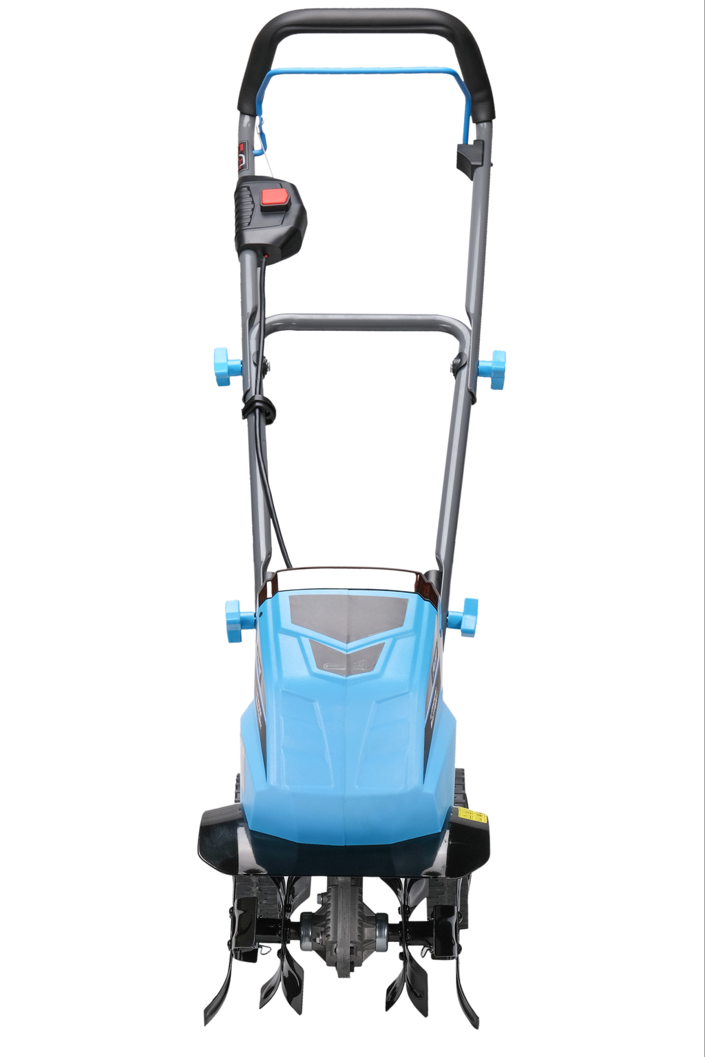 Blue electric tiller with Thandle and tines for garden cultivation