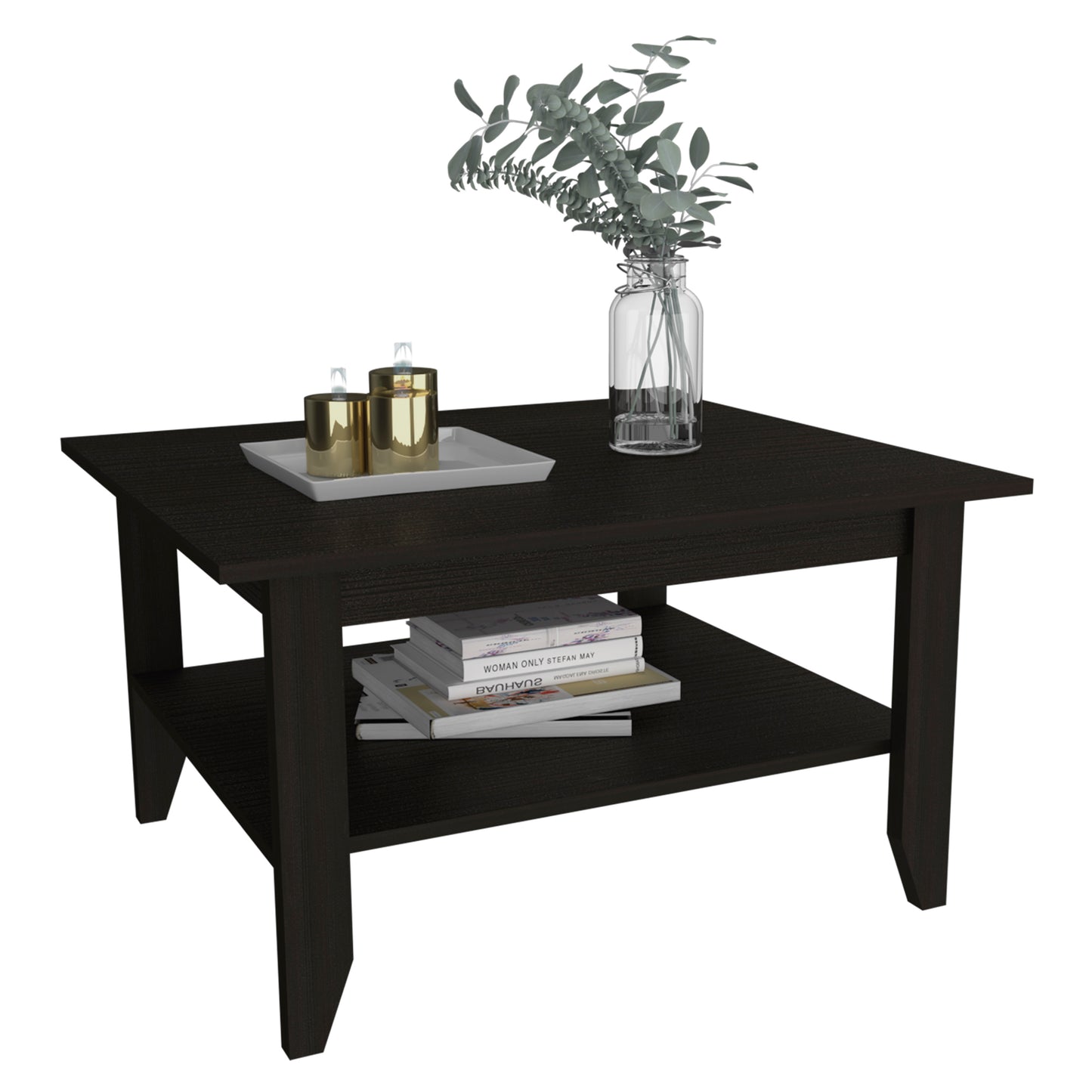 Dark wood square coffee table with a lower shelf displaying books and decorative items