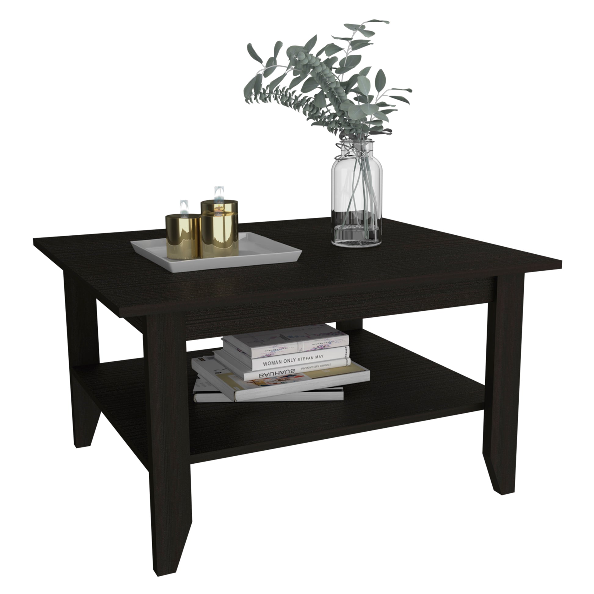 Dark wood square coffee table with a lower shelf displaying books and decorative items