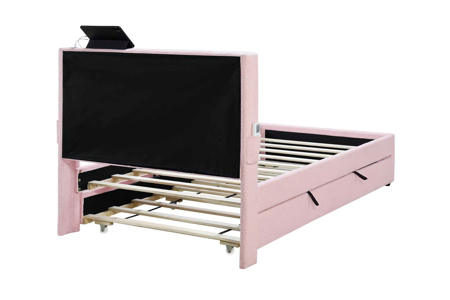 Pink sherpa upholstered bed frame with builtin tablet stand and charging port