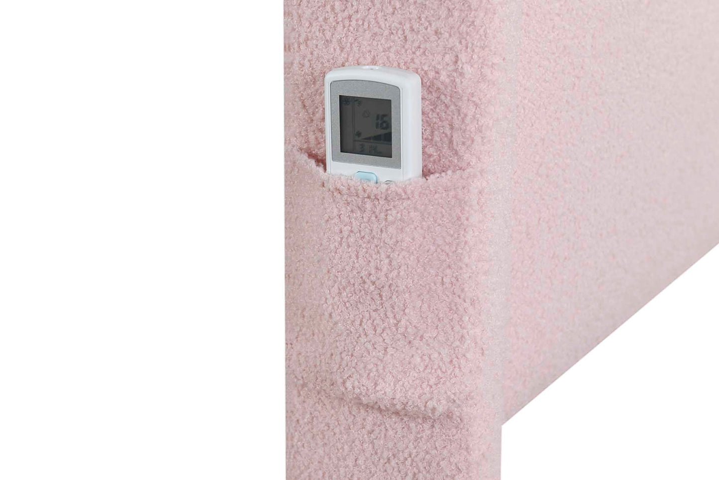 Pink plush headboard with builtin remote control pocket