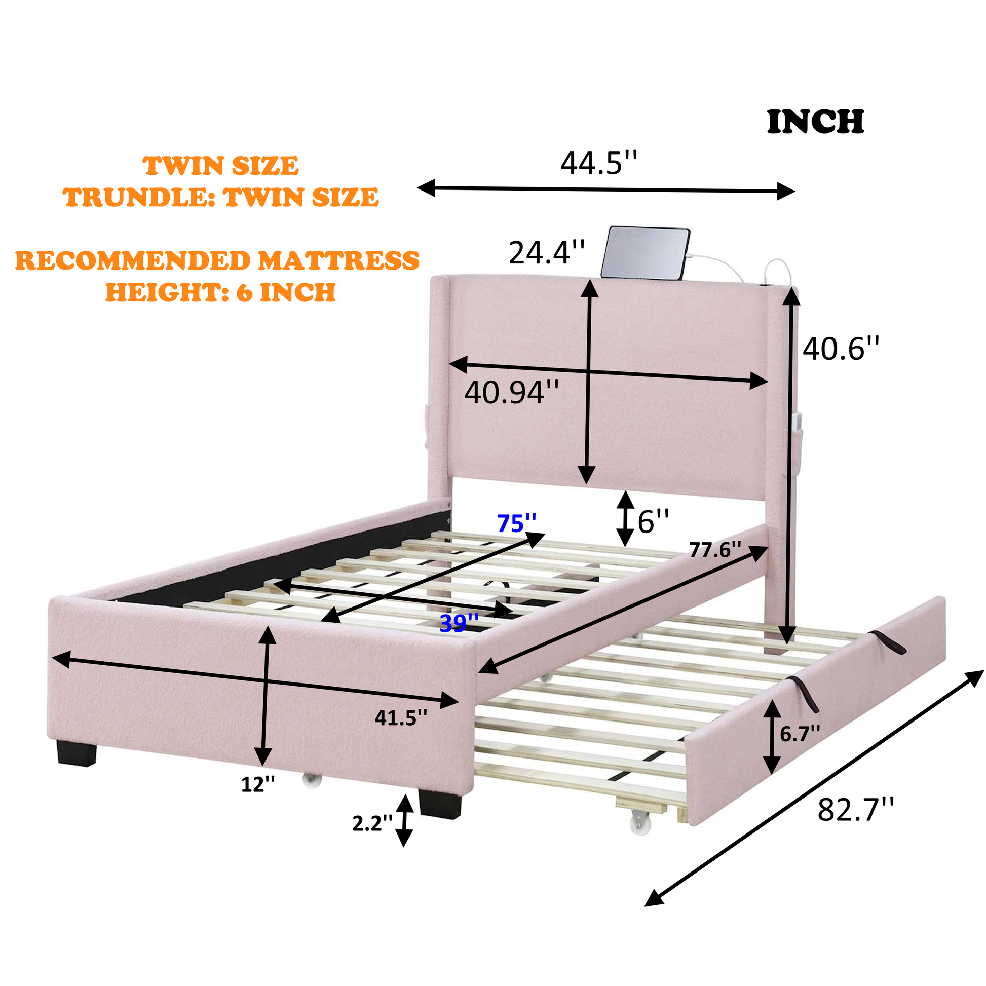 Pink upholstered twin bed frame with pullout trundle