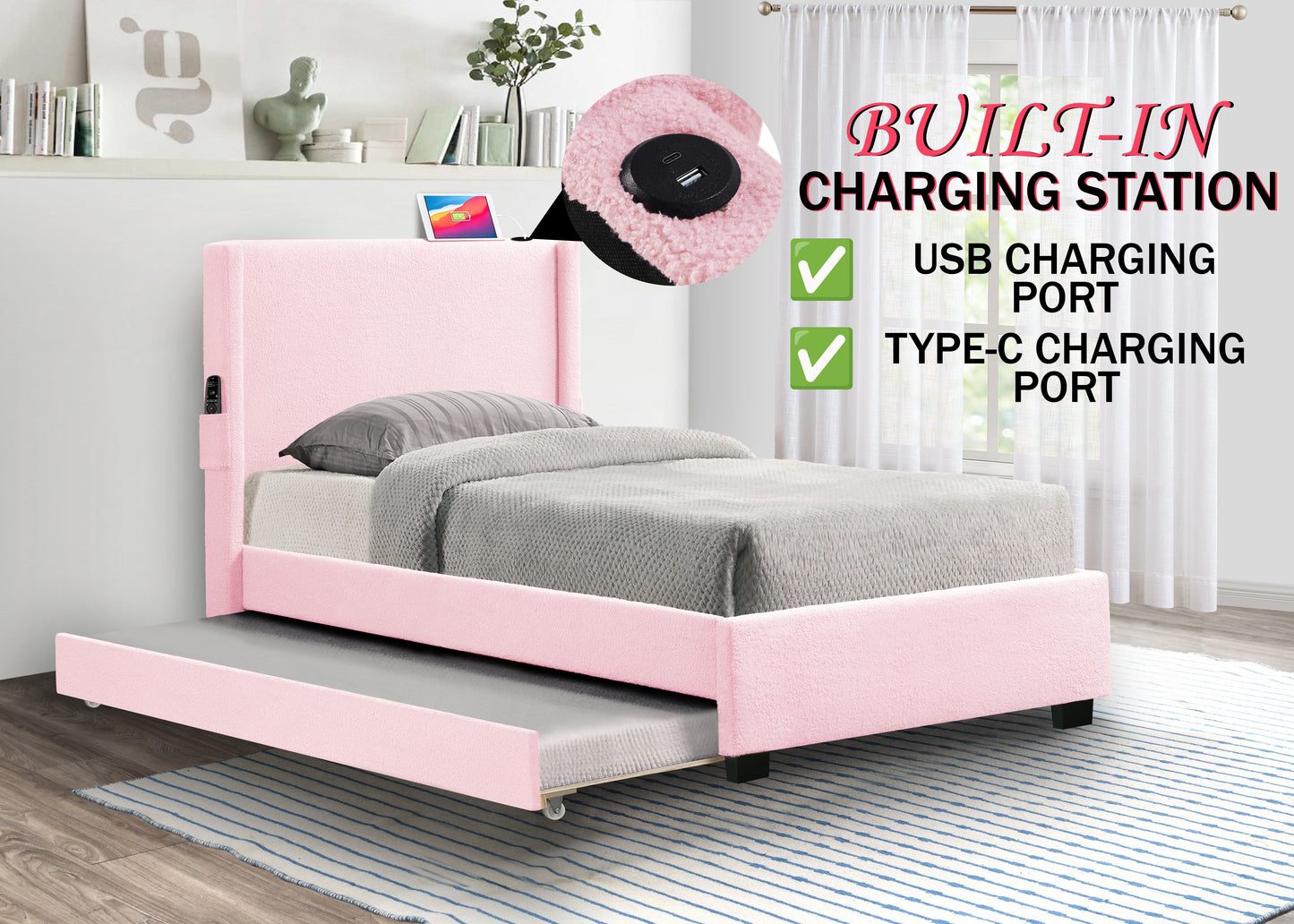 Pink upholstered twin bed with pullout trundle and builtin USB charging station