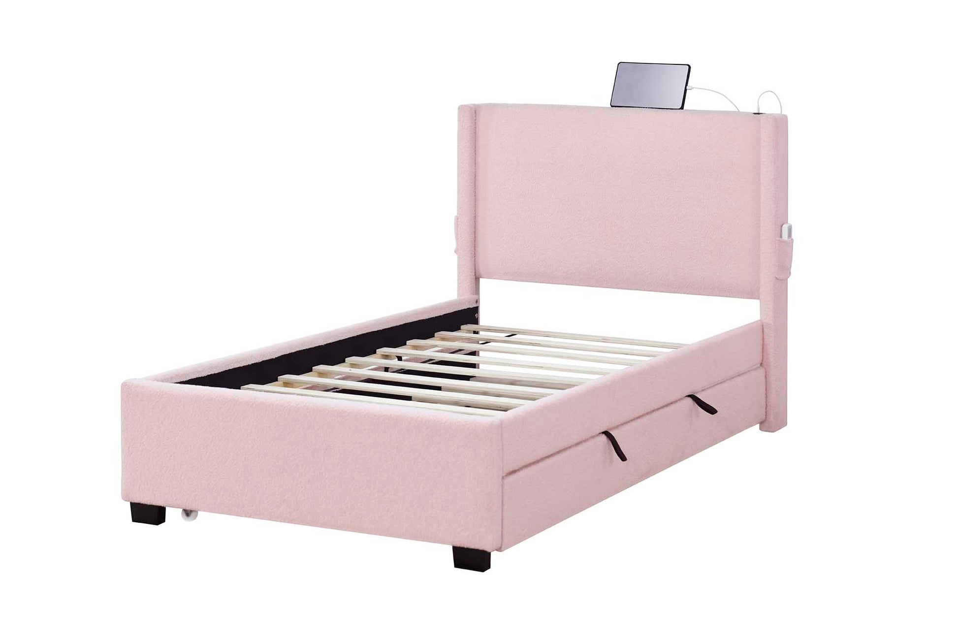 Pink upholstered twin bed frame with builtin USB charger and storage drawers