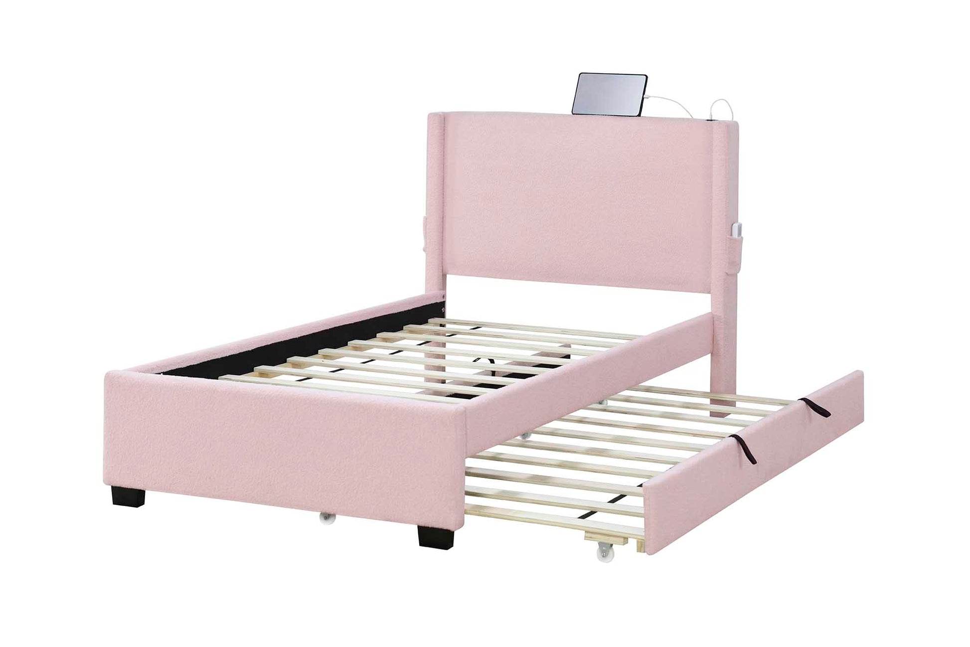 Pink upholstered twin bed frame with pullout trundle